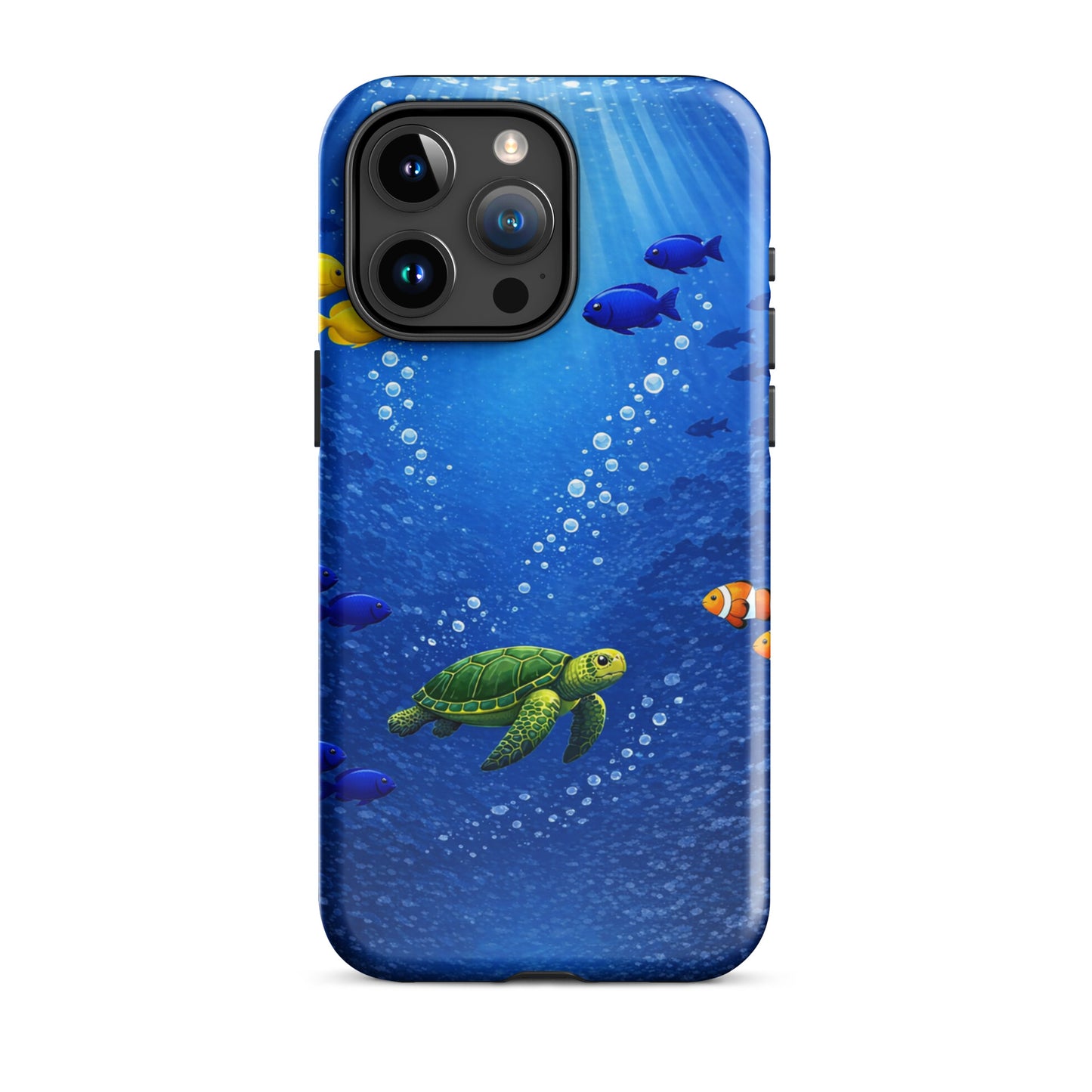 Phone Case for iPhone with sea turtle design in deep blue ocean theme, featuring vibrant tropical fish and dual-layer protection.
