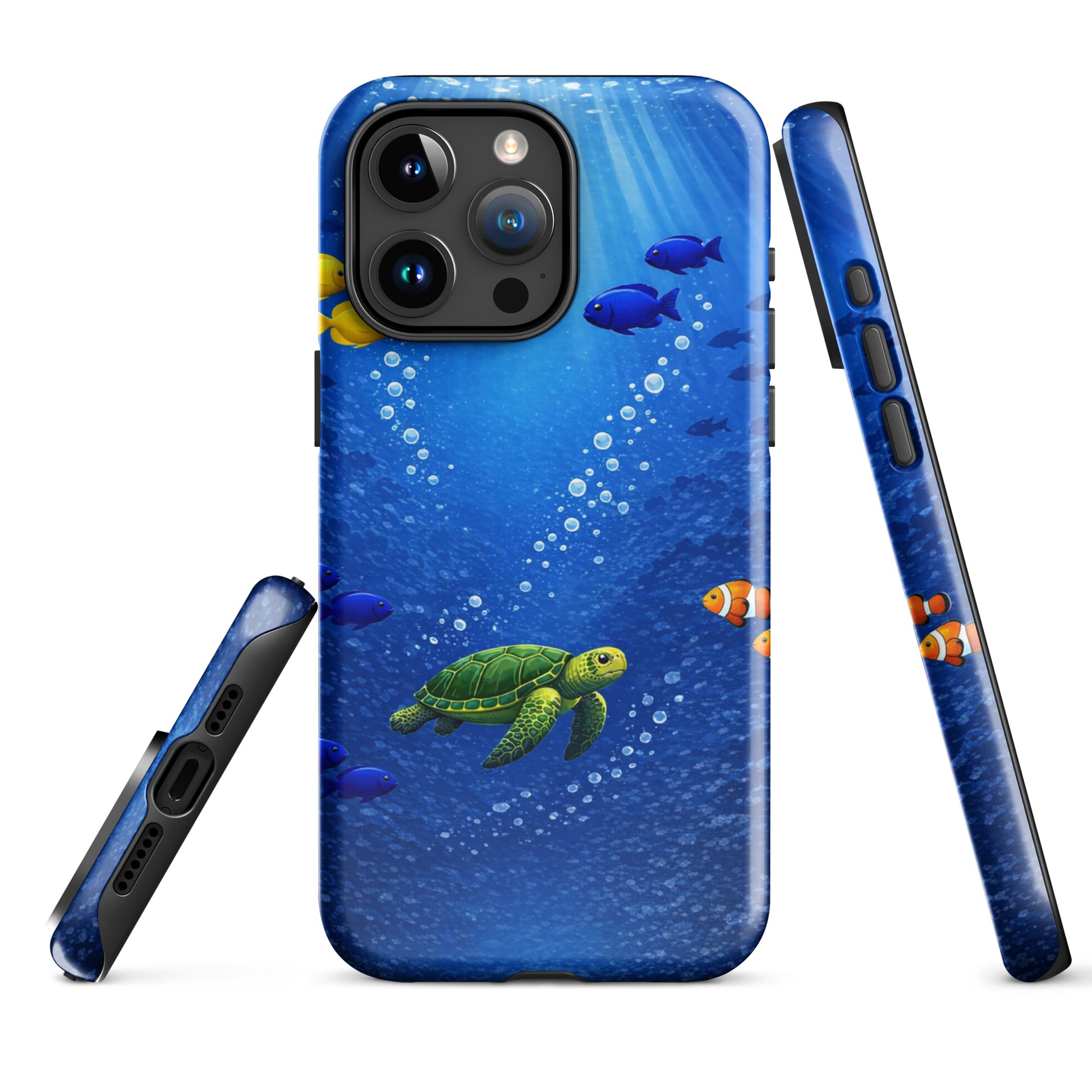 Phone Case for iPhone with sea turtle and tropical fish design, featuring deep blue underwater scene.