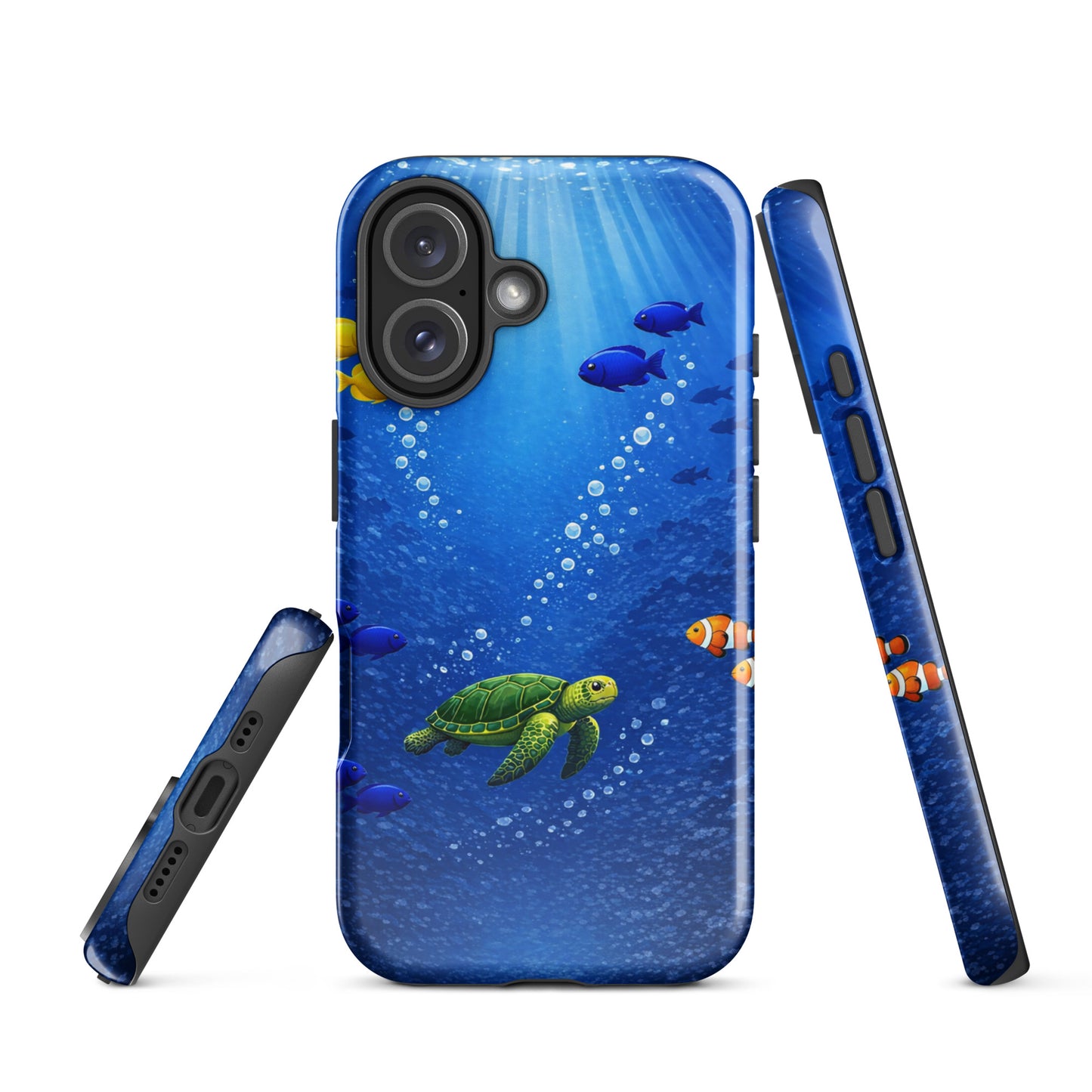 Phone Case for iPhone with sea turtle and tropical fish design, showcasing underwater reef scene in deep blue colors.