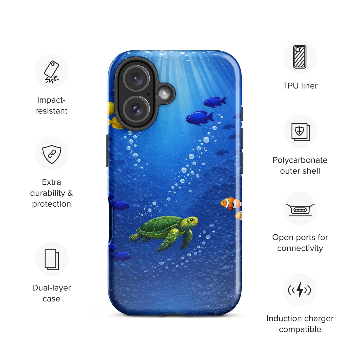 Phone Case for iPhone featuring a sea turtle reef design in deep blue with tropical fish, showcasing dual-layer protection.
