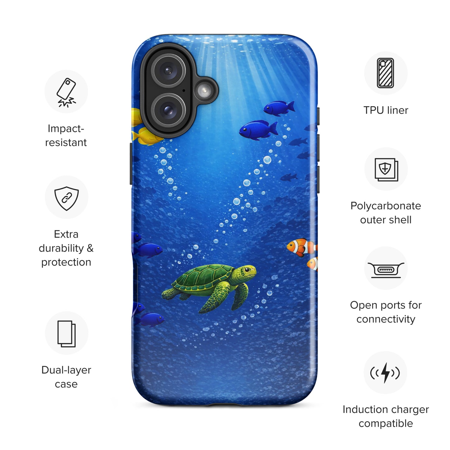 Phone Case for iPhone featuring sea turtle design with vibrant ocean background, highlighting dual-layer protection and style.