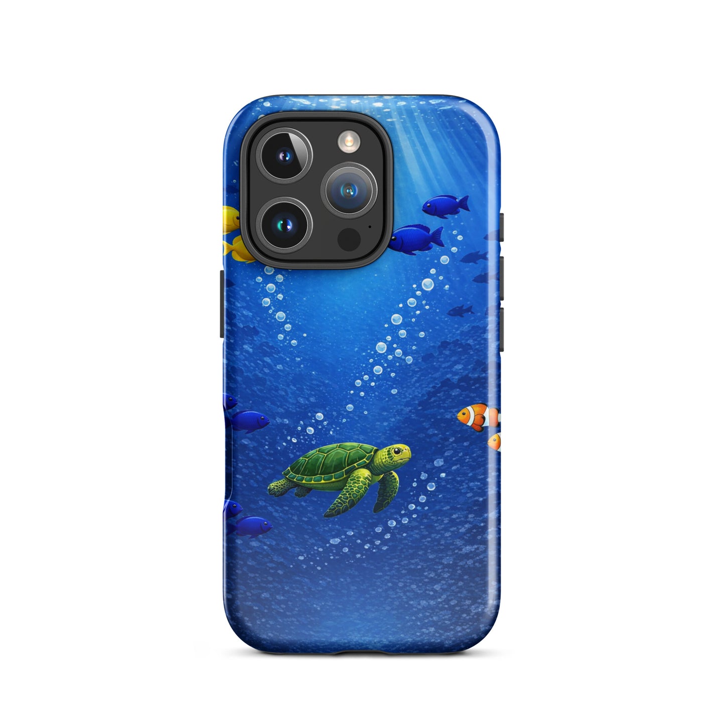 Phone Case for iPhone featuring sea turtle design with vibrant underwater scene, showcasing the deep blue and tropical fish.