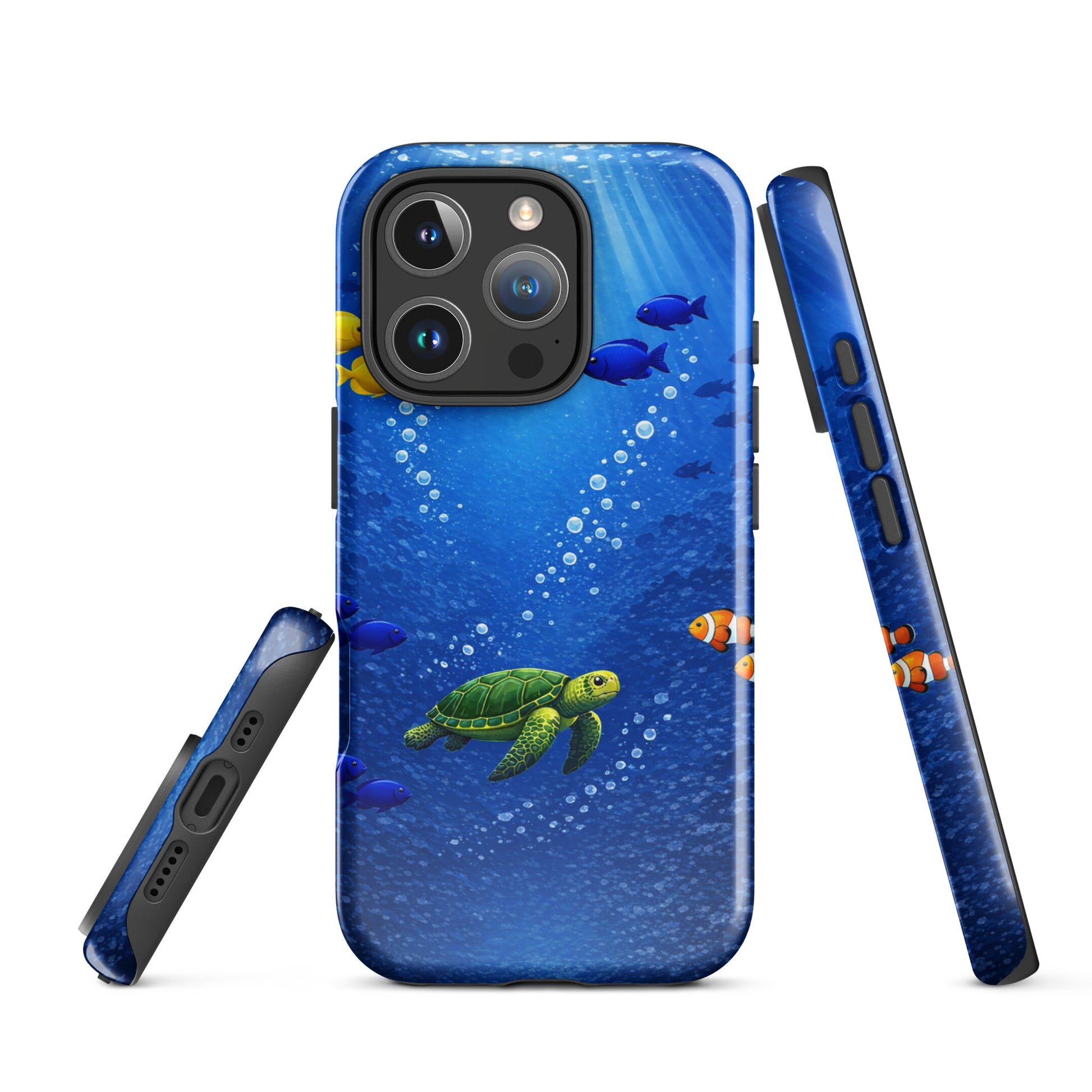 Phone Case for iPhone with sea turtle reef design featuring a vibrant underwater scene with tropical fish.