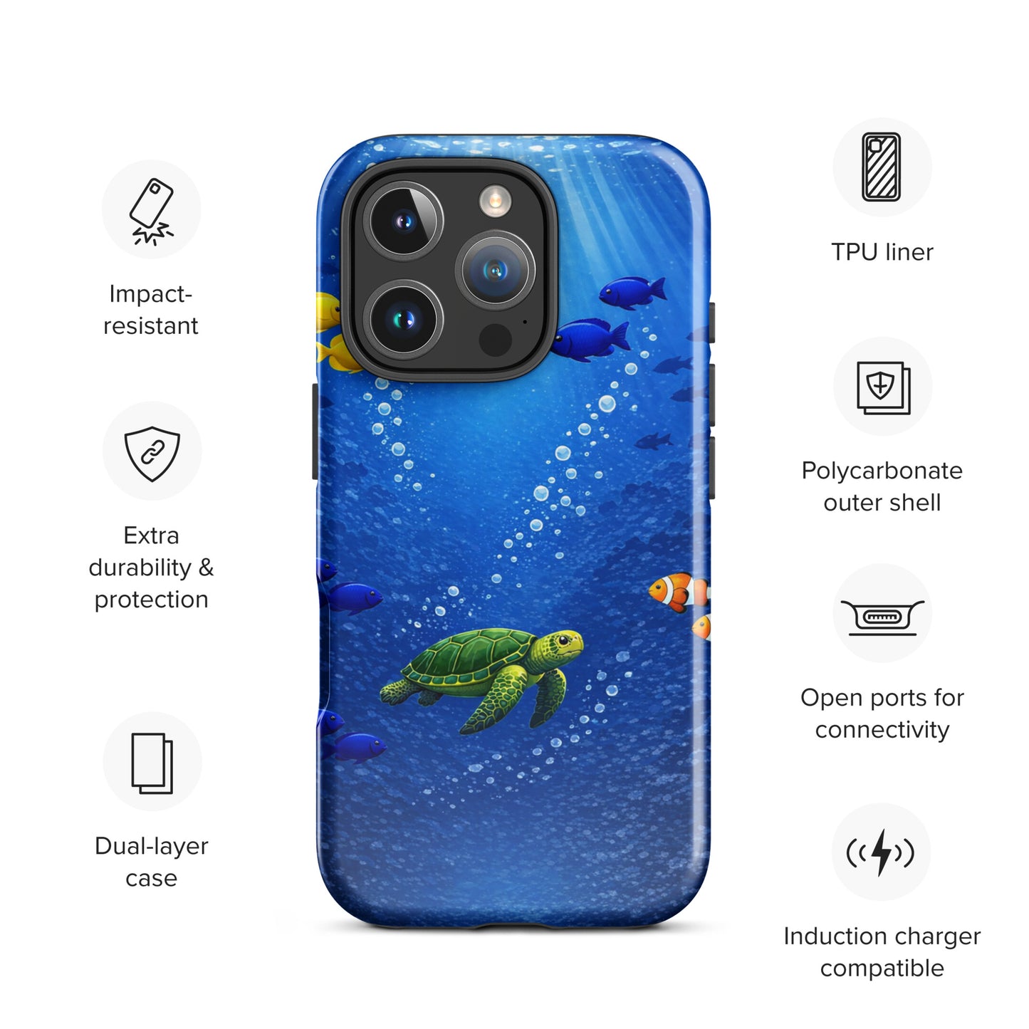 Phone Case for iPhone with sea turtle and tropical fish design, highlighting dual-layer protection and impact resistance.