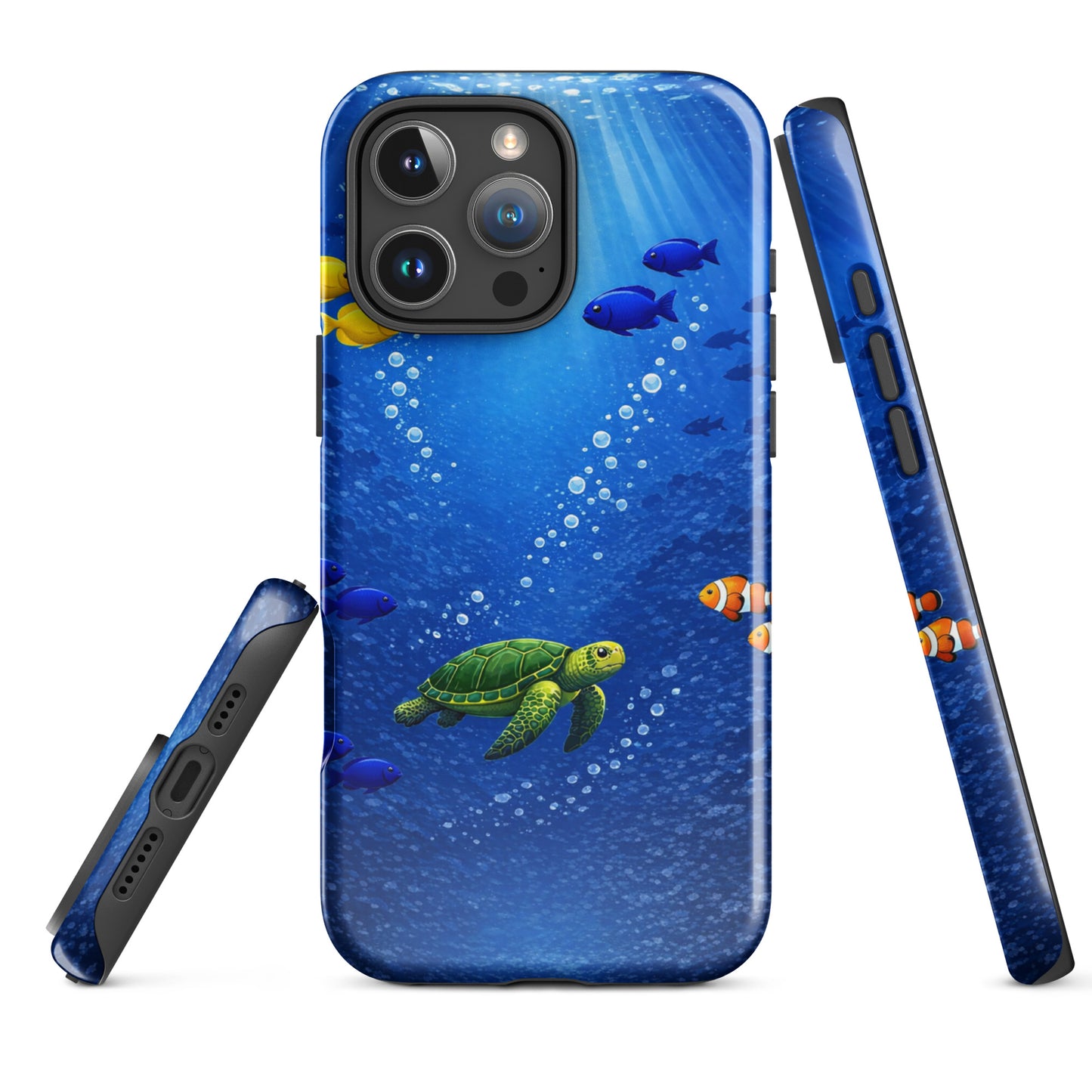 Phone Case for iPhone featuring a sea turtle and tropical fish, showcasing vibrant ocean design and dual-layer protection