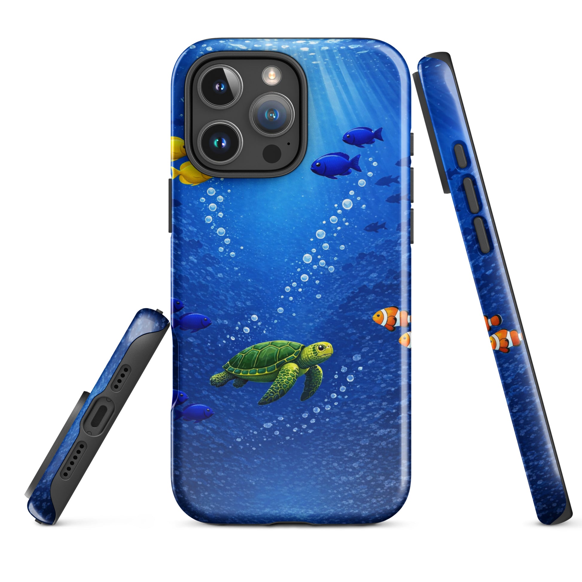 Phone Case for iPhone featuring a sea turtle and tropical fish, showcasing vibrant ocean design and dual-layer protection