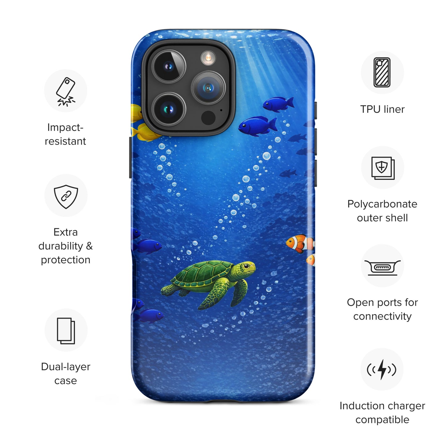 Phone Case for iPhone with sea turtle reef design, featuring dual-layer protection and vibrant aquatic imagery for style and durability.