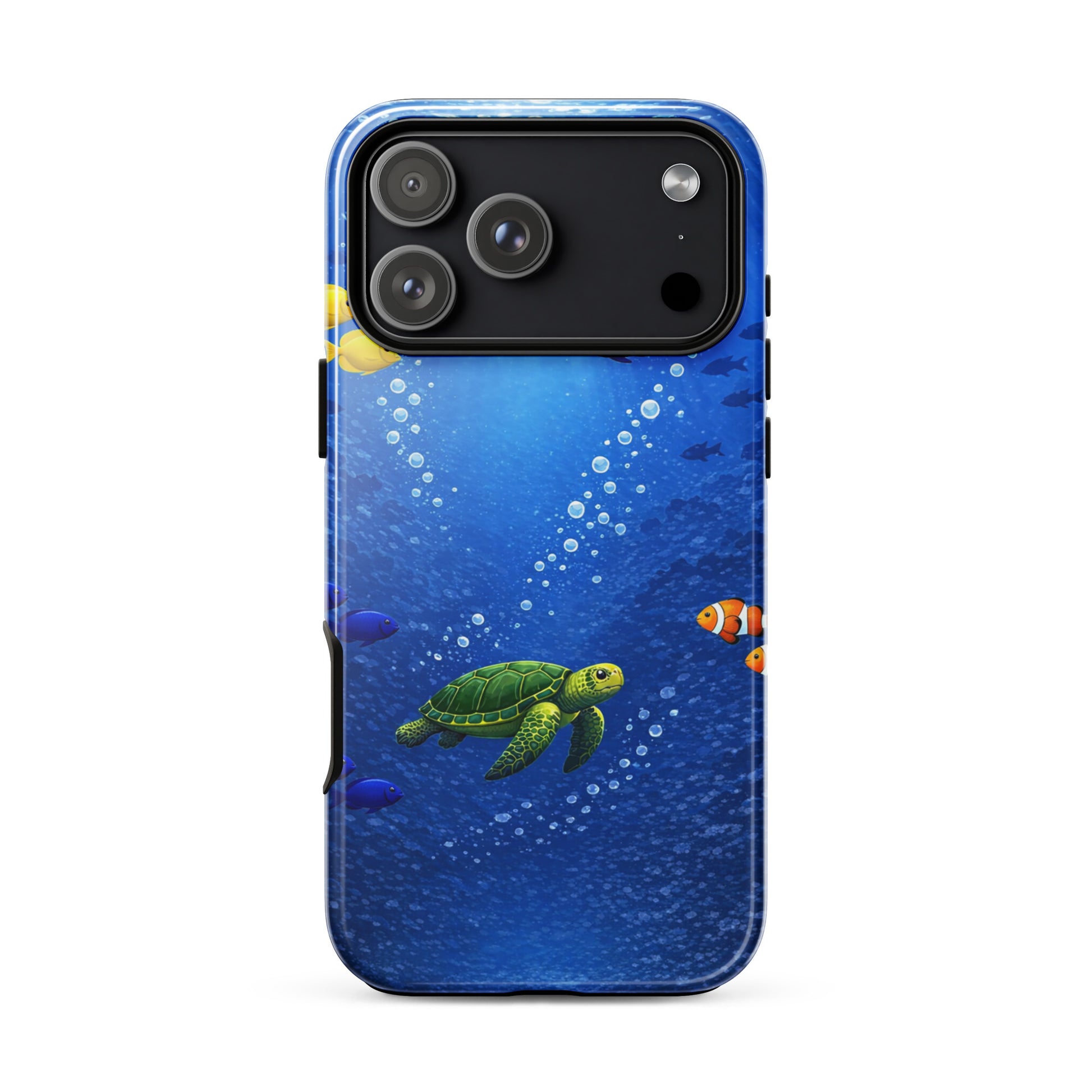 Phone Case featuring a sea turtle and tropical fish design on a deep blue background, perfect for iPhone users who love marine life.