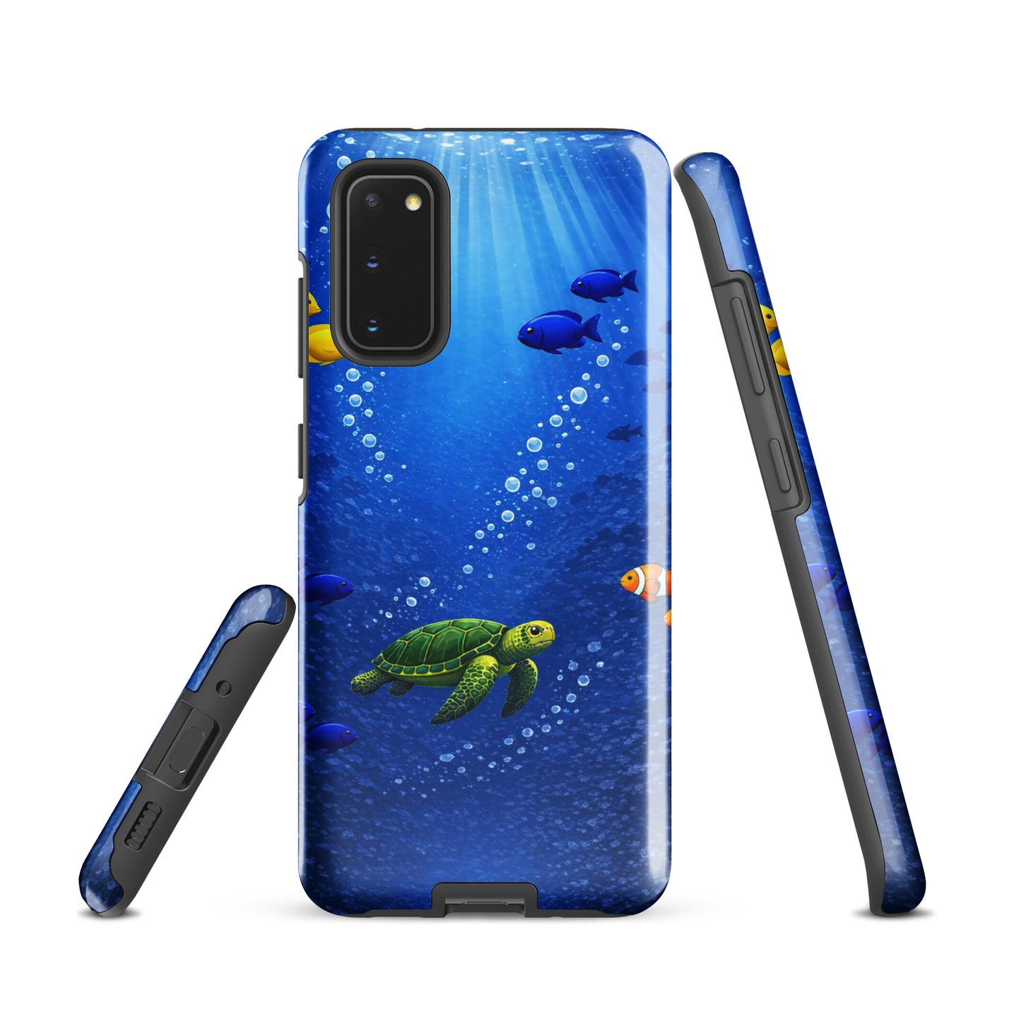 Phone Case for Samsung Galaxy featuring sea turtle and tropical fish design, deep blue ocean theme, dual-layer protection.