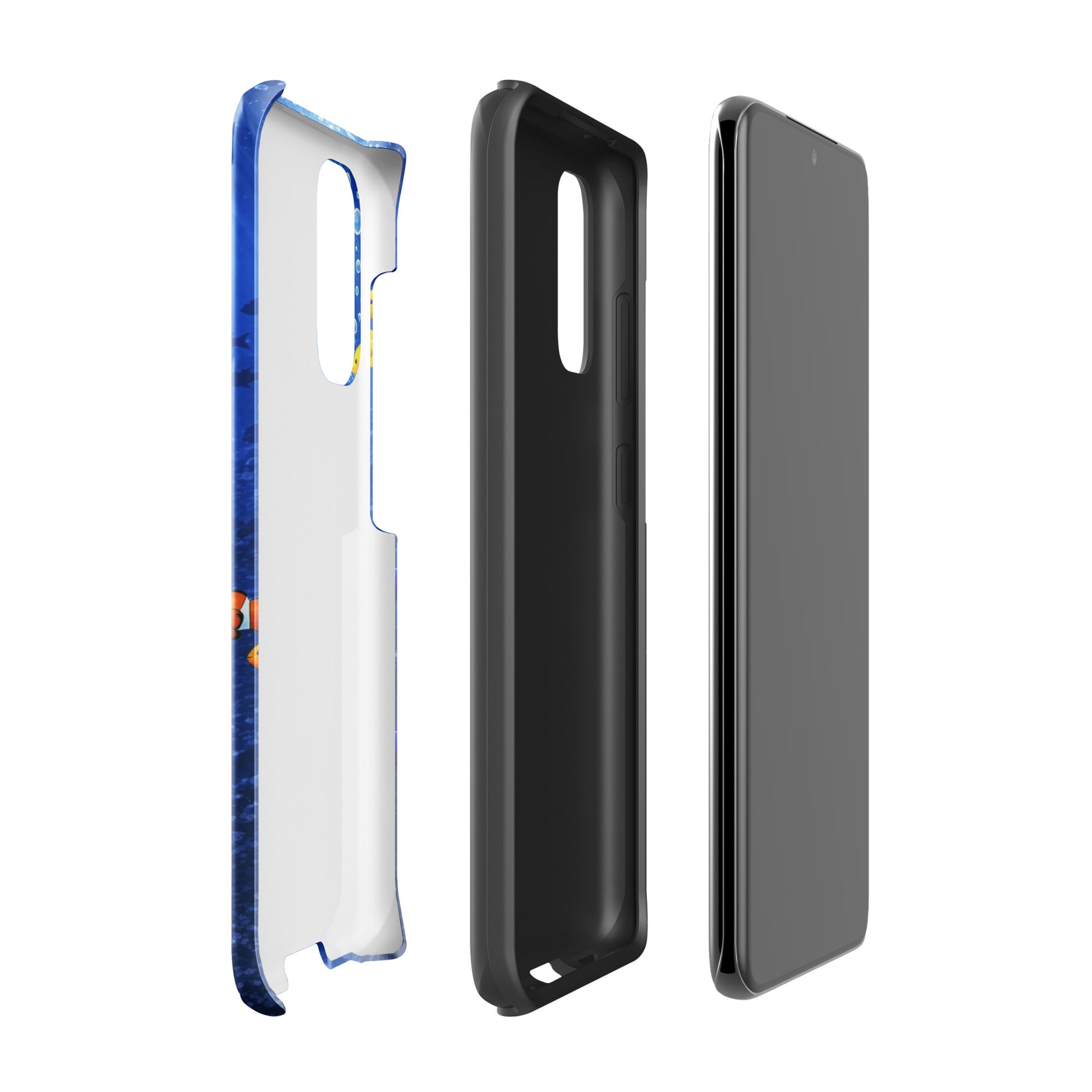 Phone Case for Samsung Galaxy with sea turtle reef design, dual-layer protection, showing disassembled view of phone case parts.
