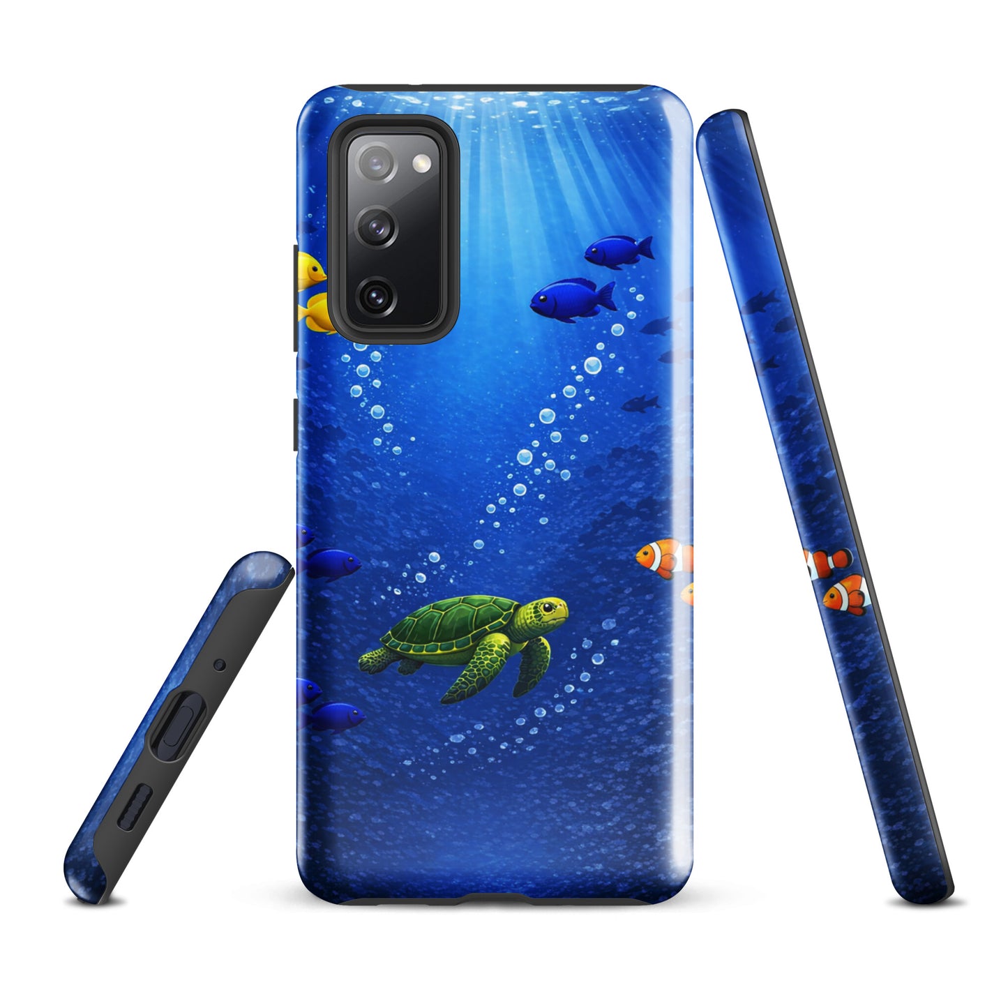 Phone Case for Samsung Galaxy featuring sea turtle design in deep blue ocean with tropical fish, offering stylish protection.