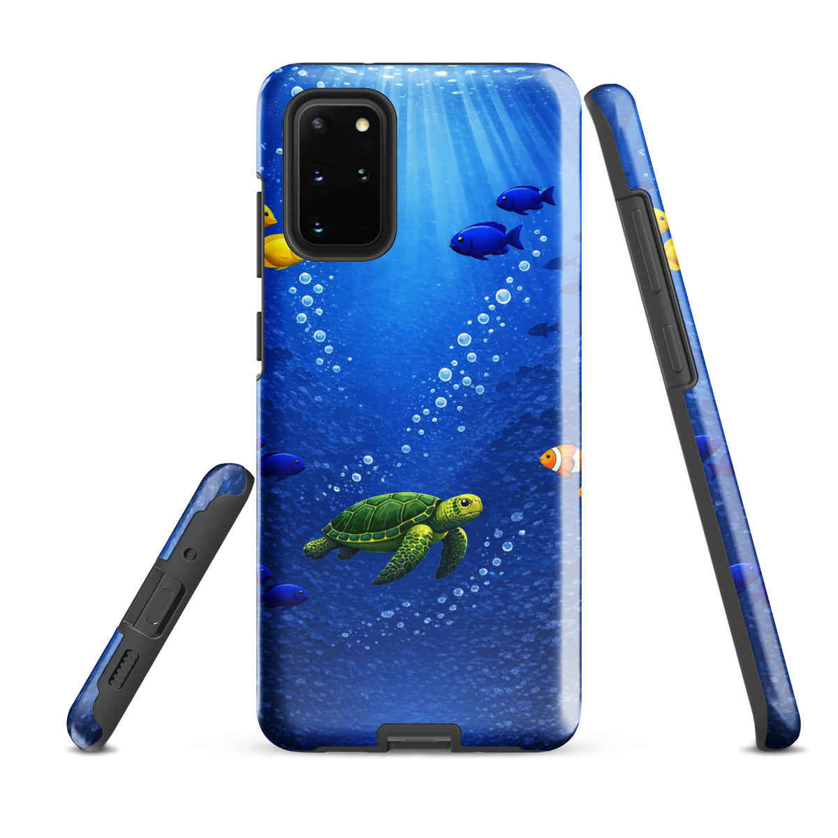 Phone Case for Samsung Galaxy featuring sea turtle design with deep blue ocean and tropical fish, offering style and dual-layer protection