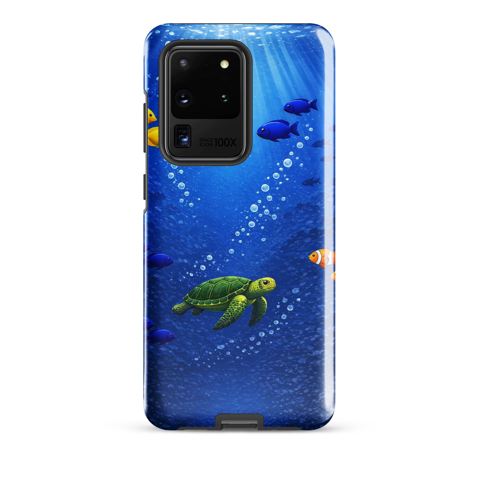 Phone Case for Samsung Galaxy with vibrant sea turtle and fish design in deep blue ocean theme.