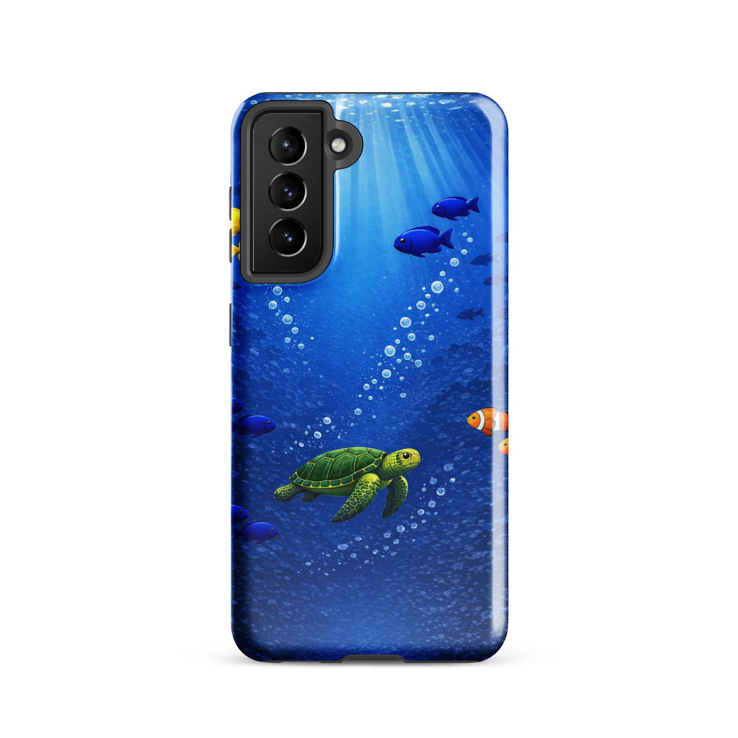 Phone Case for Samsung Galaxy featuring sea turtle design in deep blue ocean theme, showcasing vibrant underwater elegance.