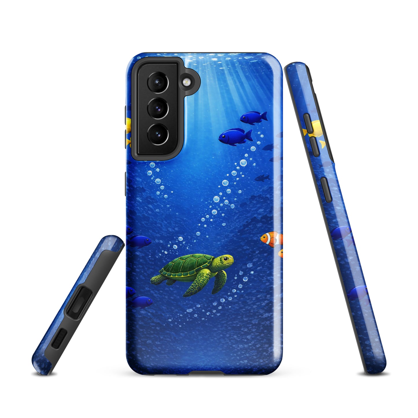 Phone Case for Samsung Galaxy with sea turtle reef design, featuring vibrant tropical fish within the deep blue ocean background.