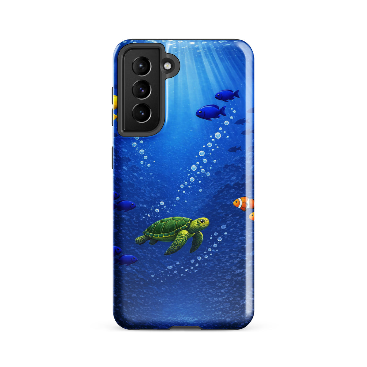 Phone Case for Samsung Galaxy featuring sea turtle reef design with tropical fish, depicting underwater elegance in deep blue.