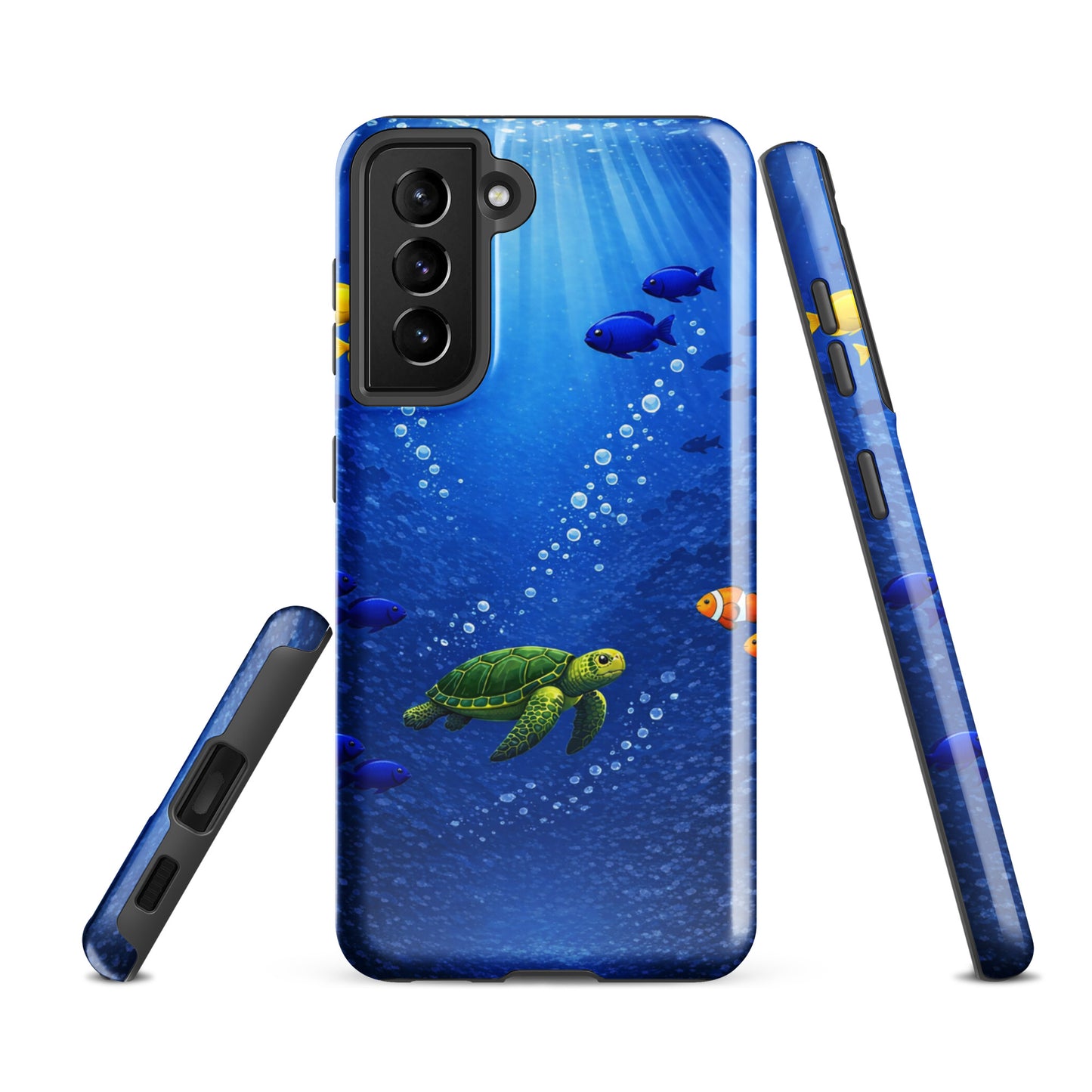Phone Case for Samsung Galaxy featuring sea turtle and tropical fish design in deep blue ocean theme, offering stylish dual-layer protection.