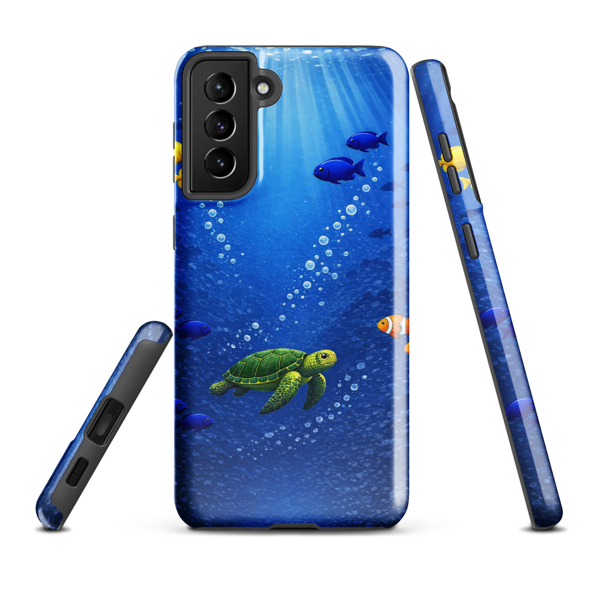 Phone Case with sea turtle design for Samsung Galaxy, depicting underwater scene with fish and bubbles, offering dual-layer protection.