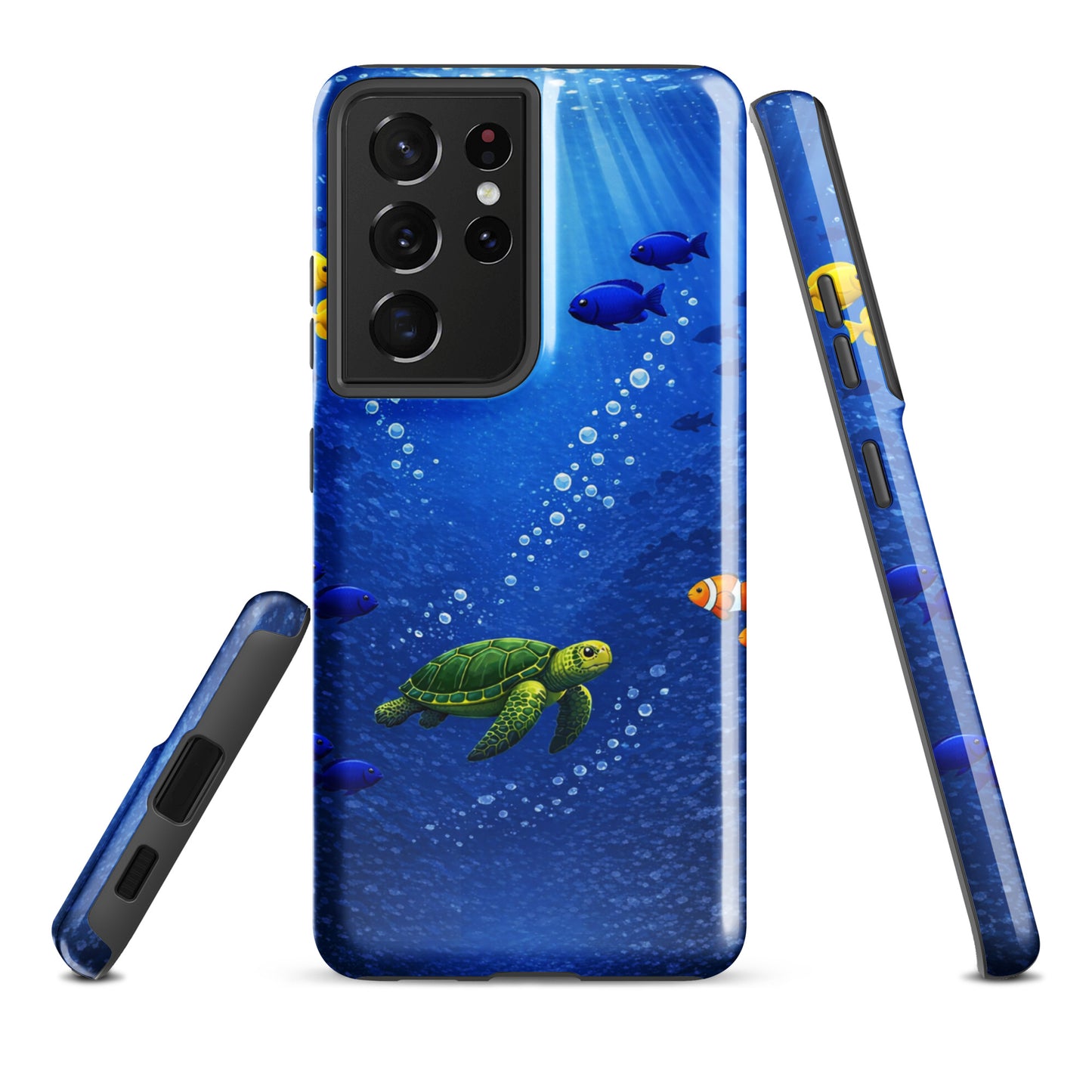 Phone Case for Samsung Galaxy with sea turtle design in deep blue ocean theme, showcasing dual-layer protection and marine life elegance.