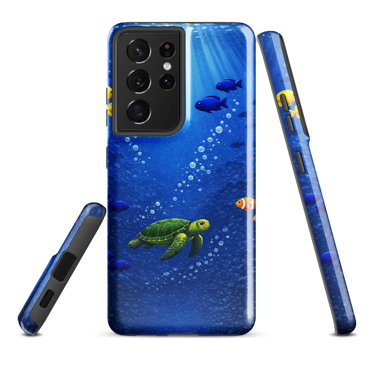 Phone Case for Samsung Galaxy with sea turtle design in deep blue ocean theme, showcasing dual-layer protection and marine life elegance.