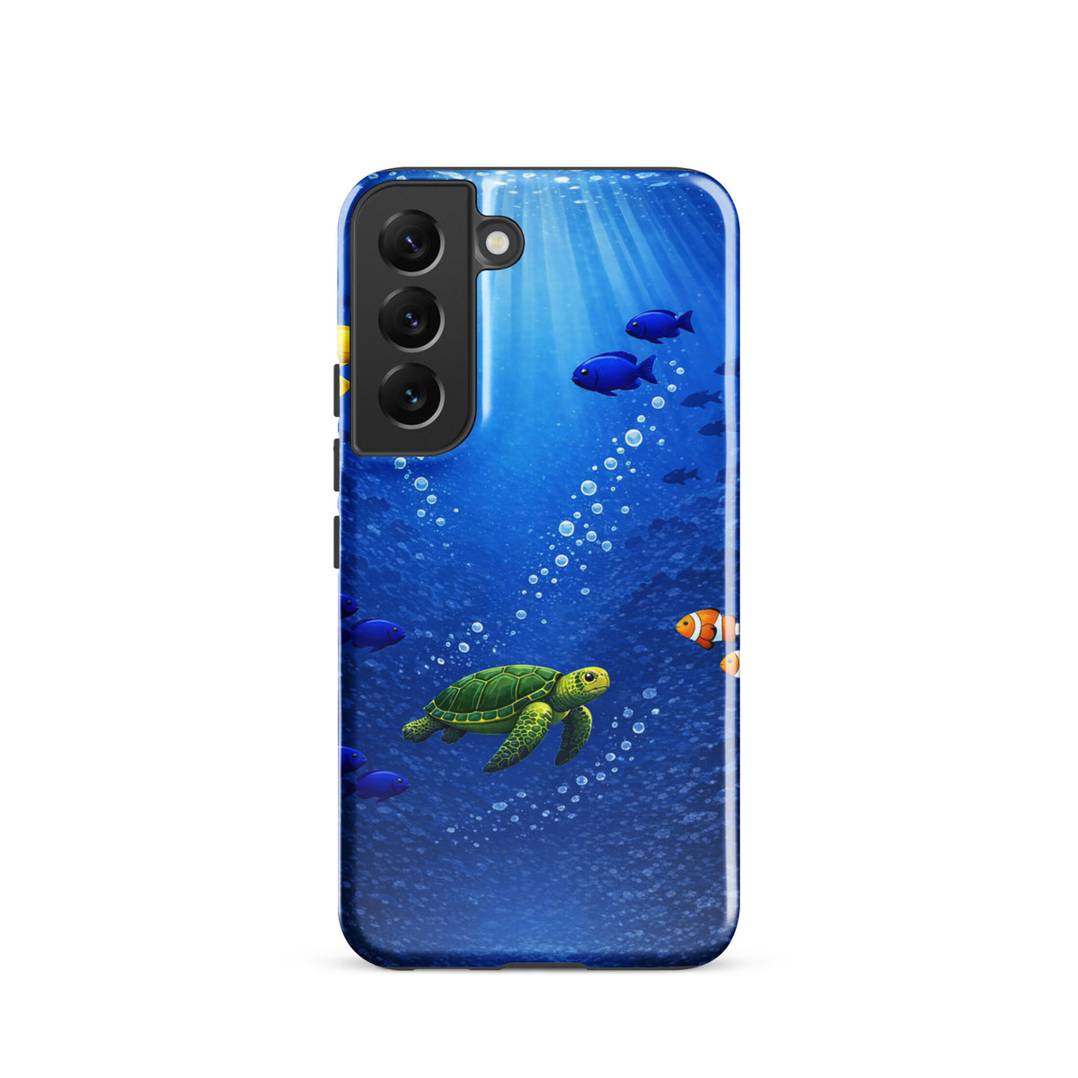 Phone Case for Samsung Galaxy with sea turtle reef design in deep blue showcasing aquatic life and dual-layer protection.