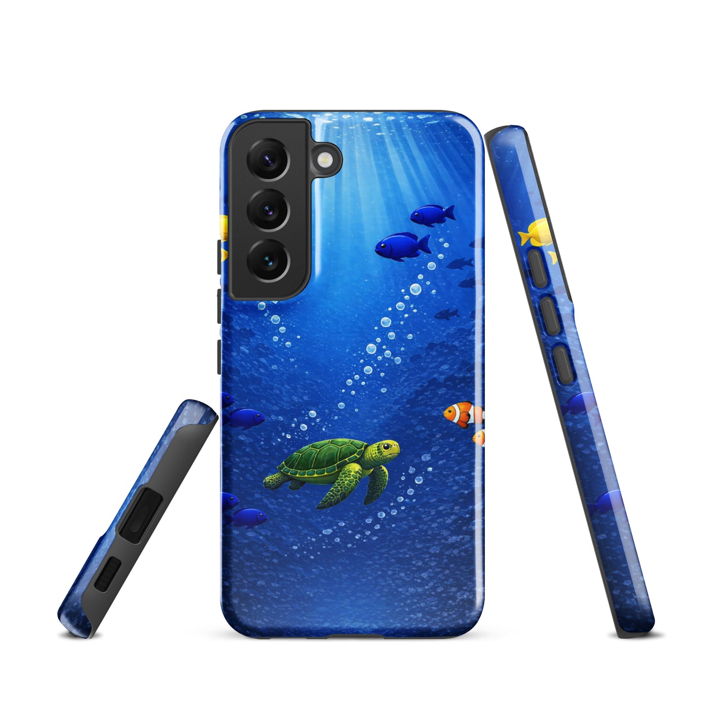 Phone Case for Samsung Galaxy: Sea Turtle design, featuring vibrant underwater scene with tropical fish, dual-layer protection