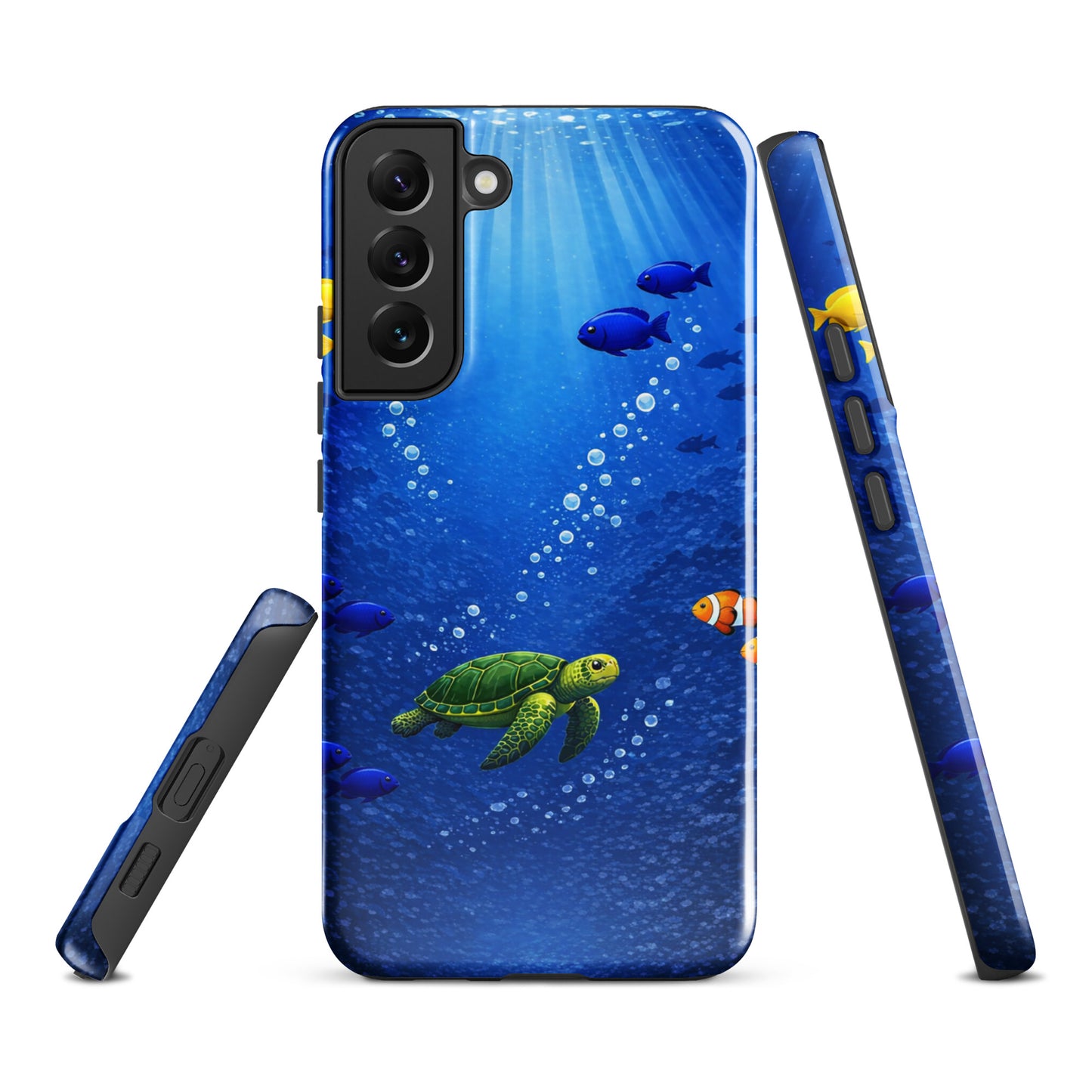 Phone Case for Samsung Galaxy featuring a sea turtle and tropical fish design in deep blue with dual-layer protection.
