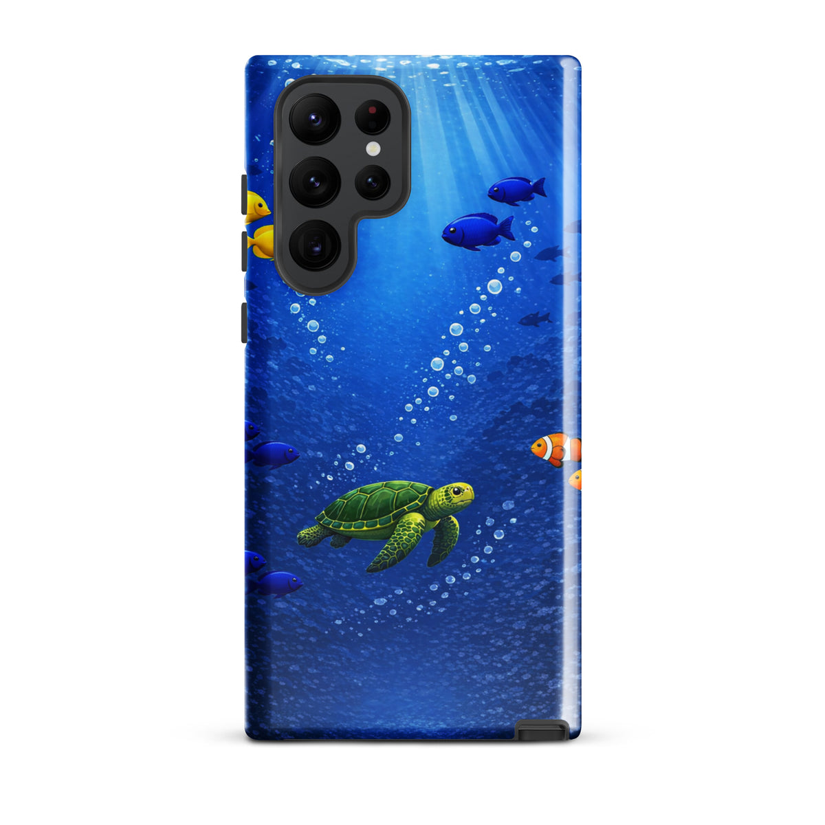 Phone Case for Samsung Galaxy with sea turtle and tropical fish design in deep blue ocean theme.
