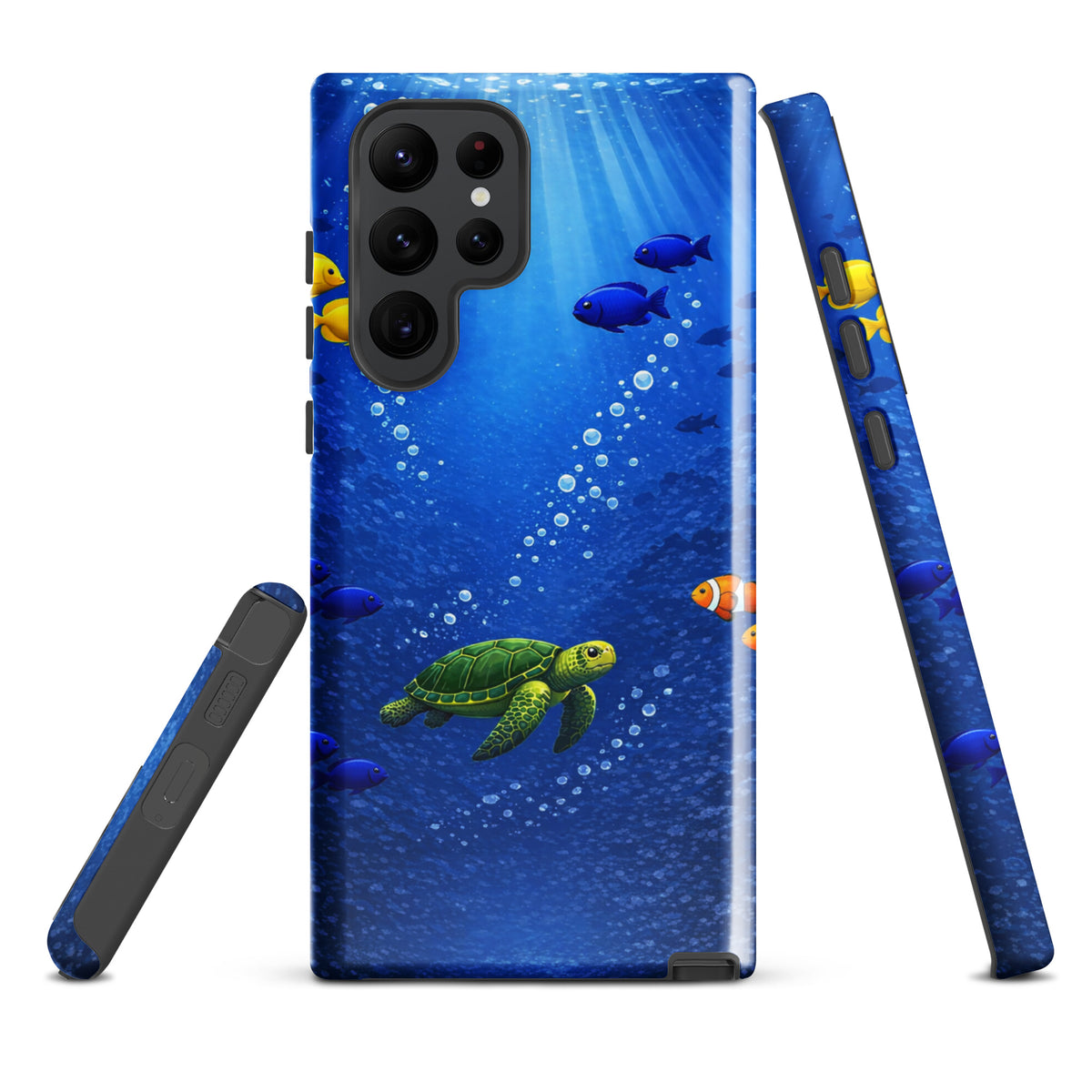 Phone Case for Samsung Galaxy with sea turtle and tropical reef design in deep blue