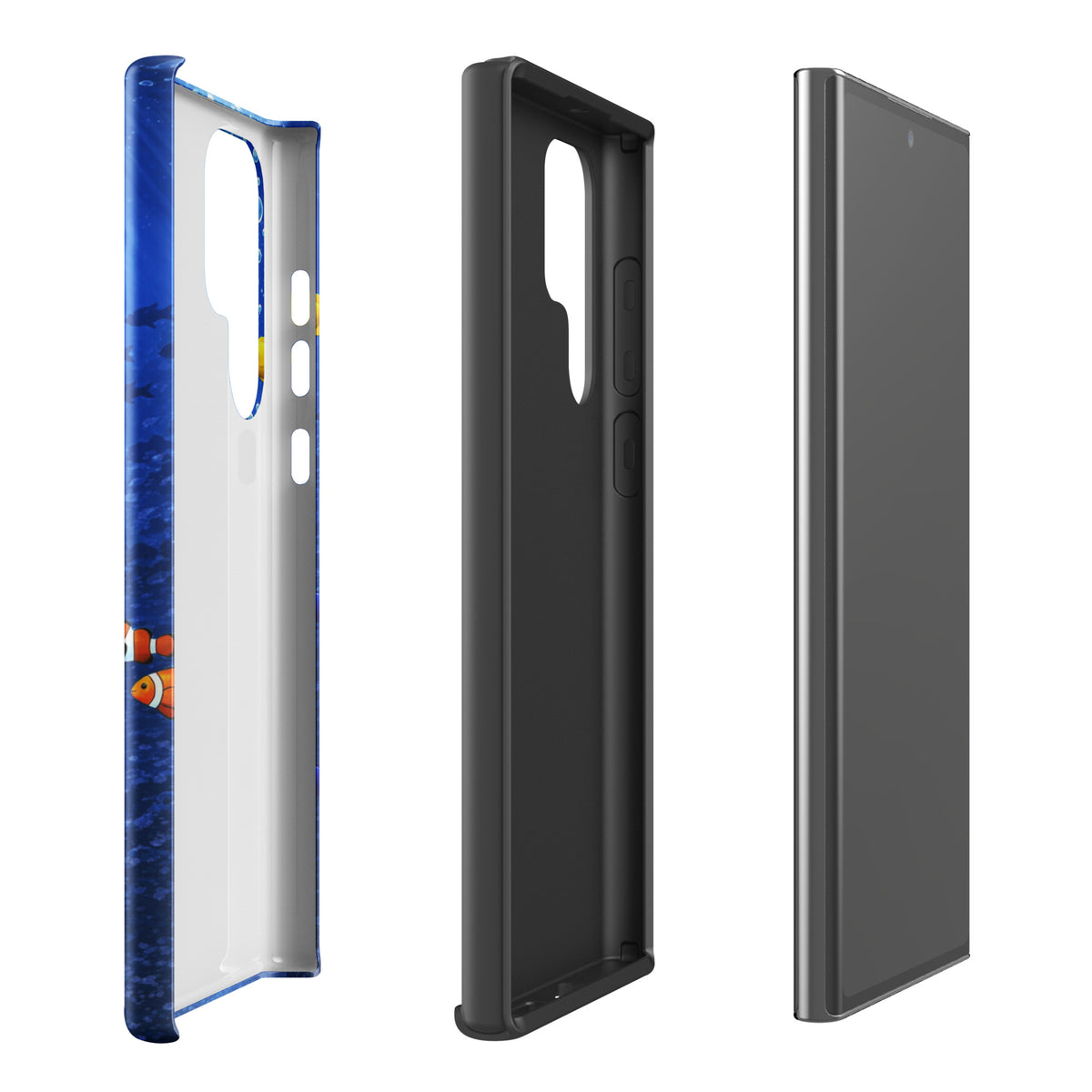 Phone Case for Samsung Galaxy with sea turtle reef design showcasing dual-layer protection in side and back view.