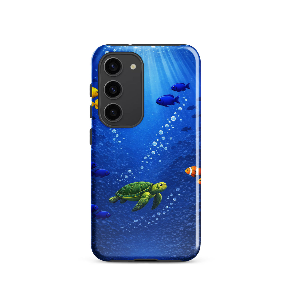 Phone Case for Samsung Galaxy featuring sea turtle in deep blue ocean with tropical fish, offering style and dual-layer protection.