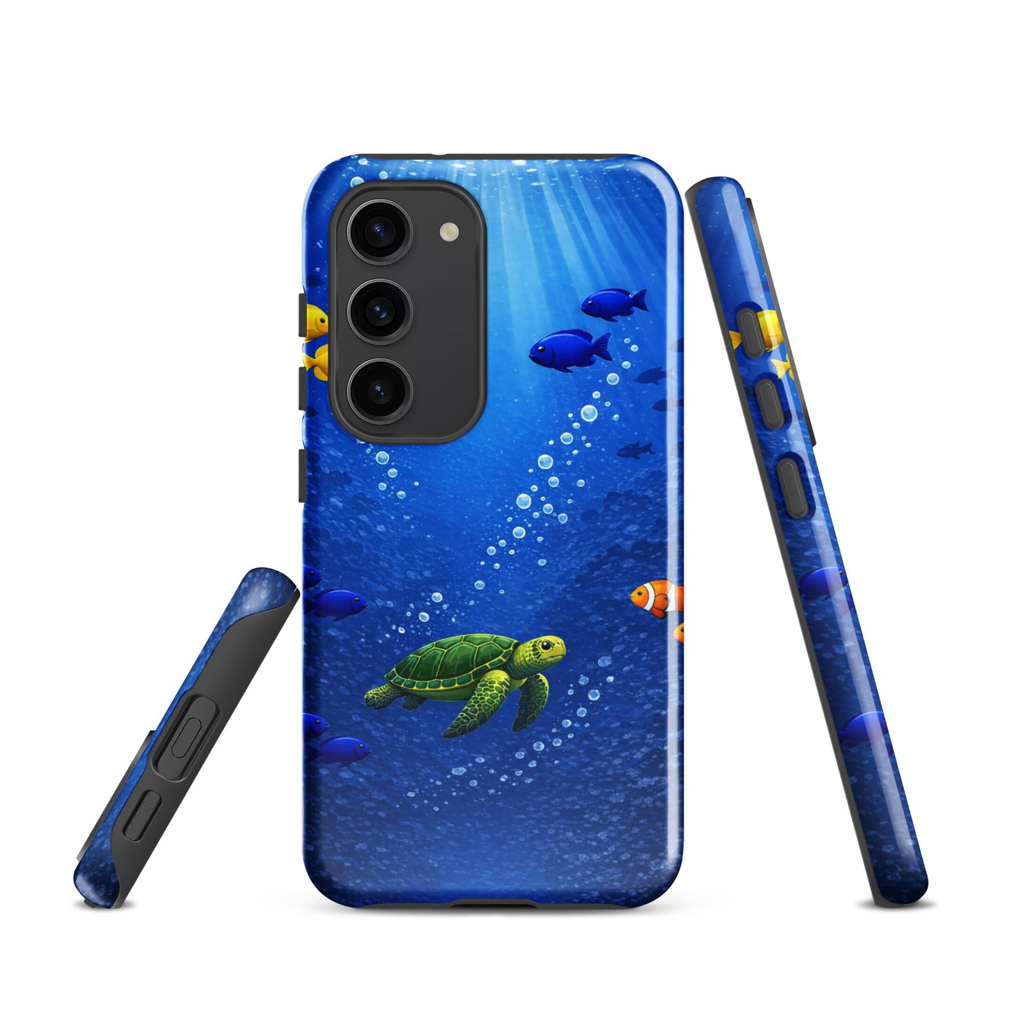Phone Case for Samsung Galaxy with sea turtle and tropical fish design in deep blue ocean theme.