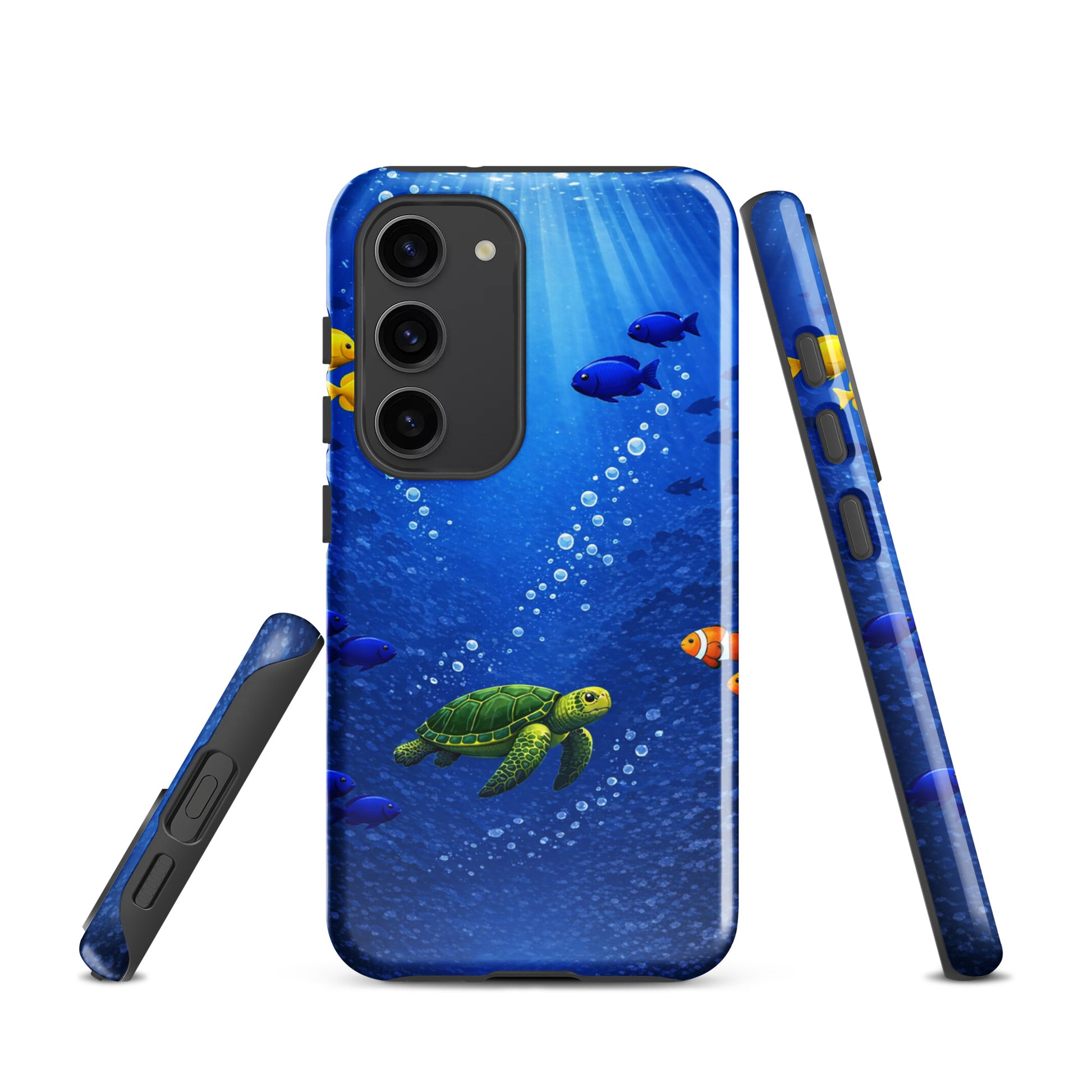 Phone Case for Samsung Galaxy with sea turtle and tropical fish design in deep blue ocean theme.