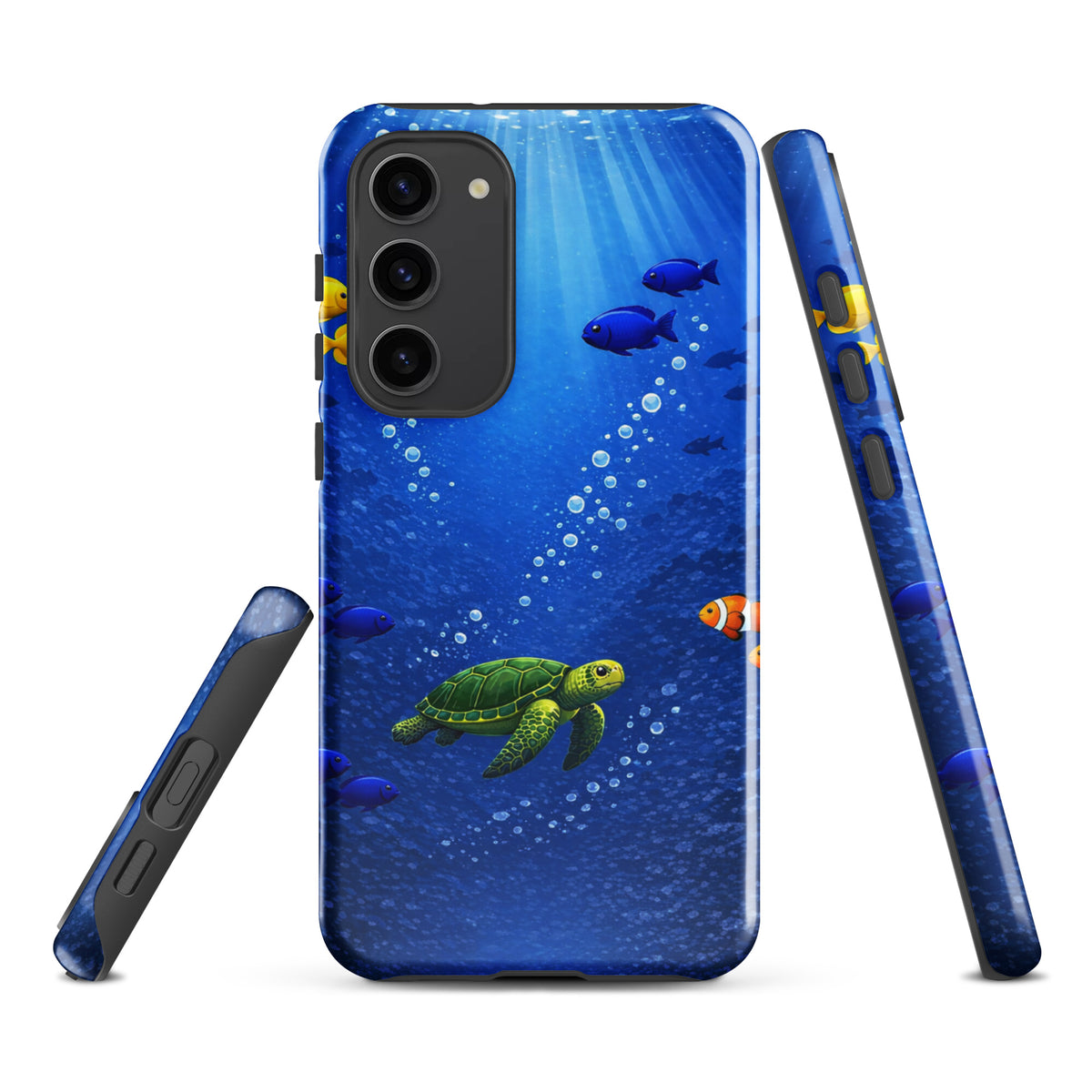 Phone Case for Samsung Galaxy with sea turtle and tropical fish design against a deep blue ocean background. Dual-layer protection.