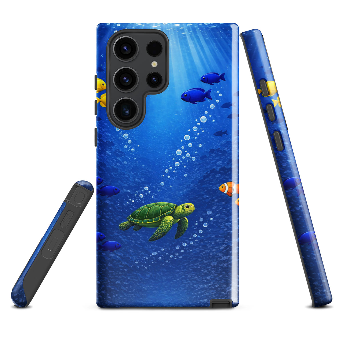 Phone Case for Samsung Galaxy featuring a sea turtle in a vibrant underwater design with tropical fish and bubbles.