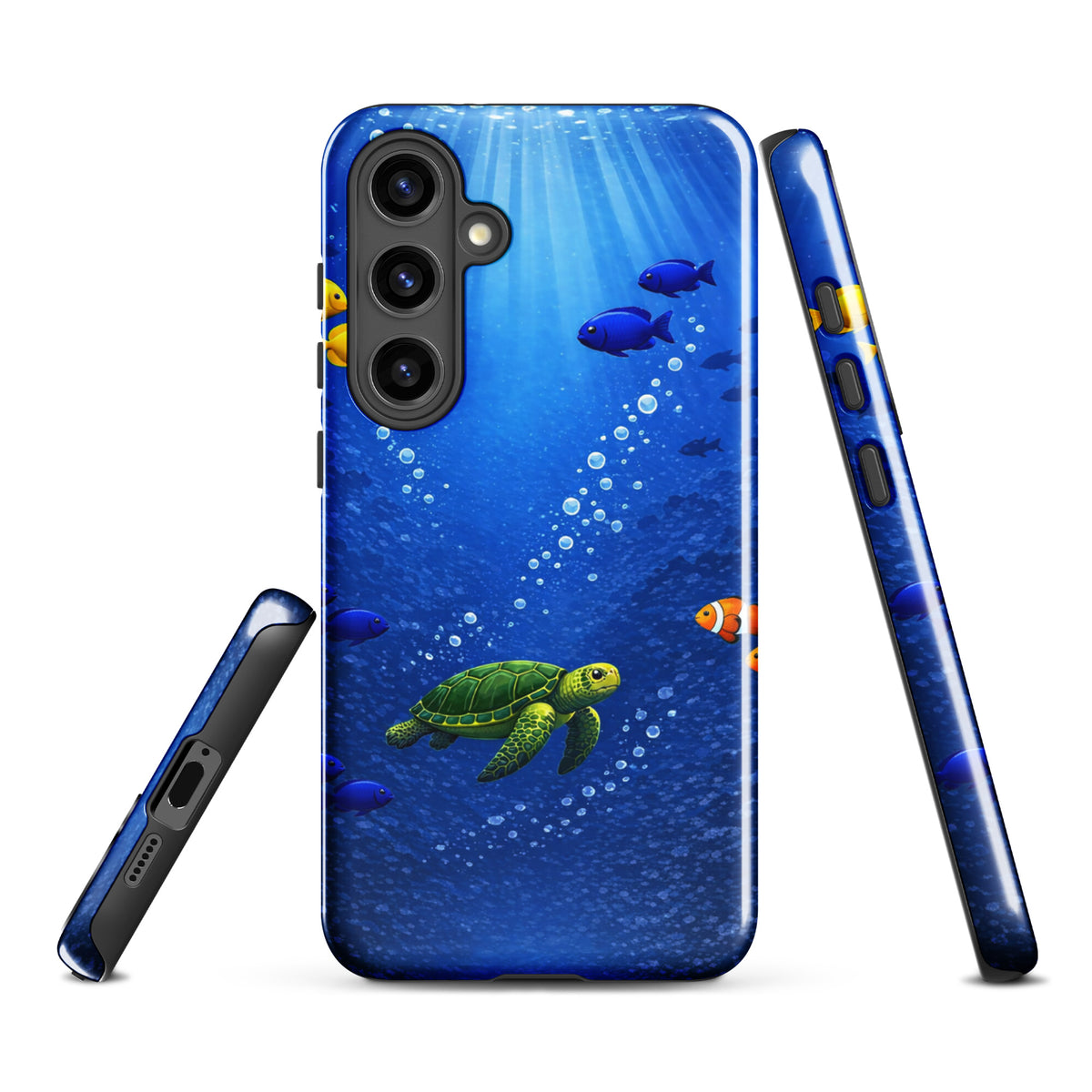 Phone Case for Samsung Galaxy with sea turtle and vibrant fish design, showcasing underwater elegance in deep blue.