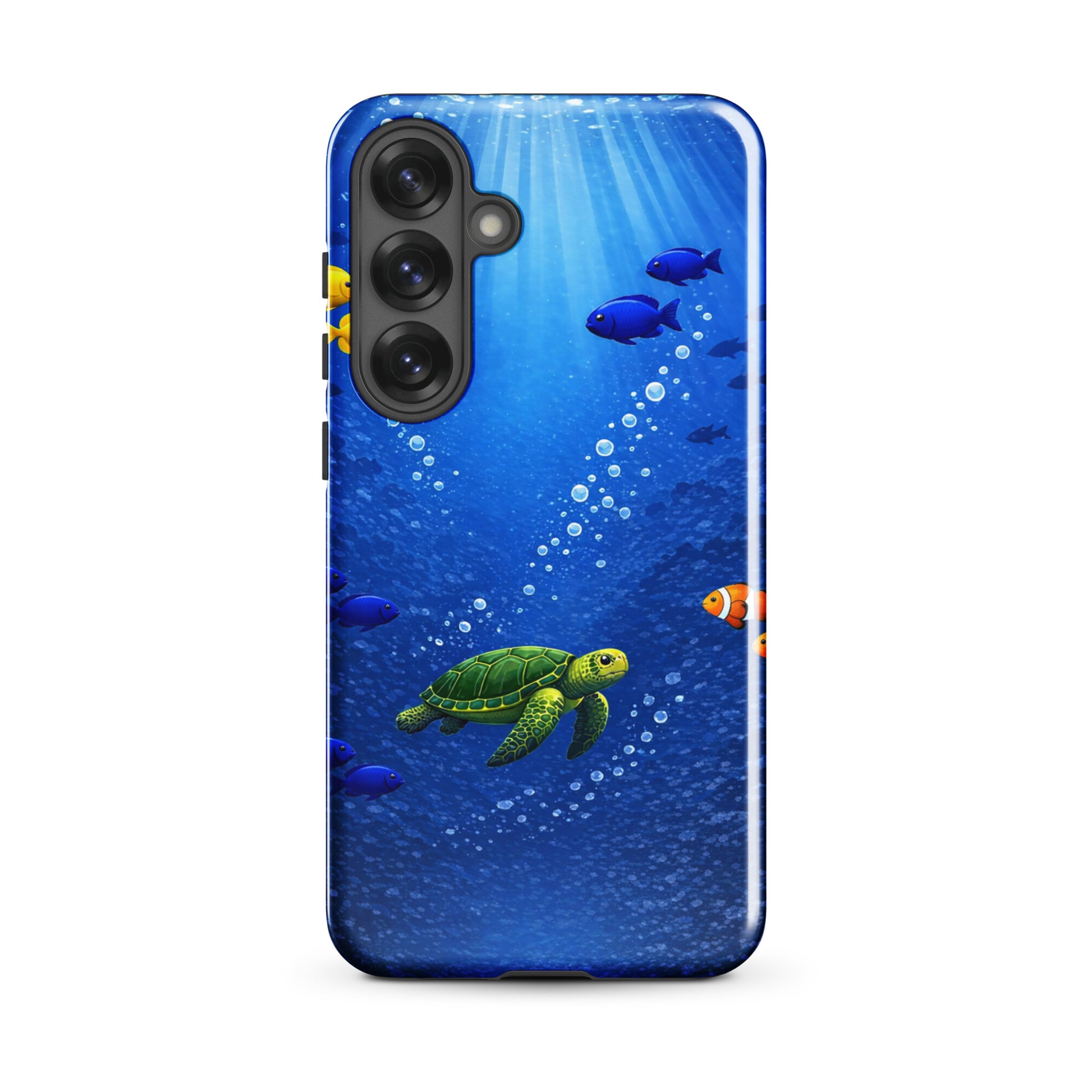 Samsung Galaxy Phone Case with sea turtle and fish design, deep blue ocean theme, dual-layer protection