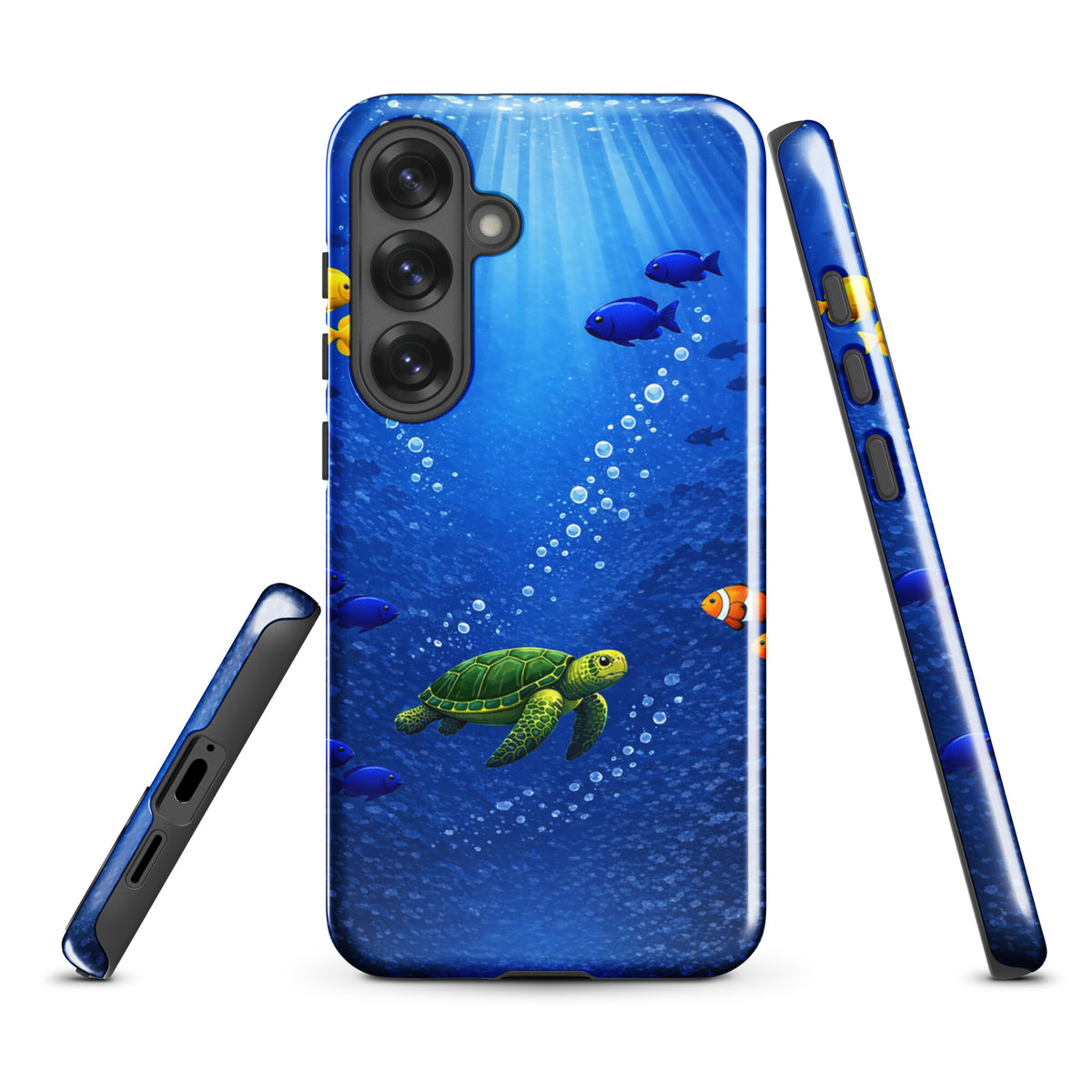 Phone Case for Samsung Galaxy featuring a sea turtle in a vibrant deep blue reef design with tropical fish.