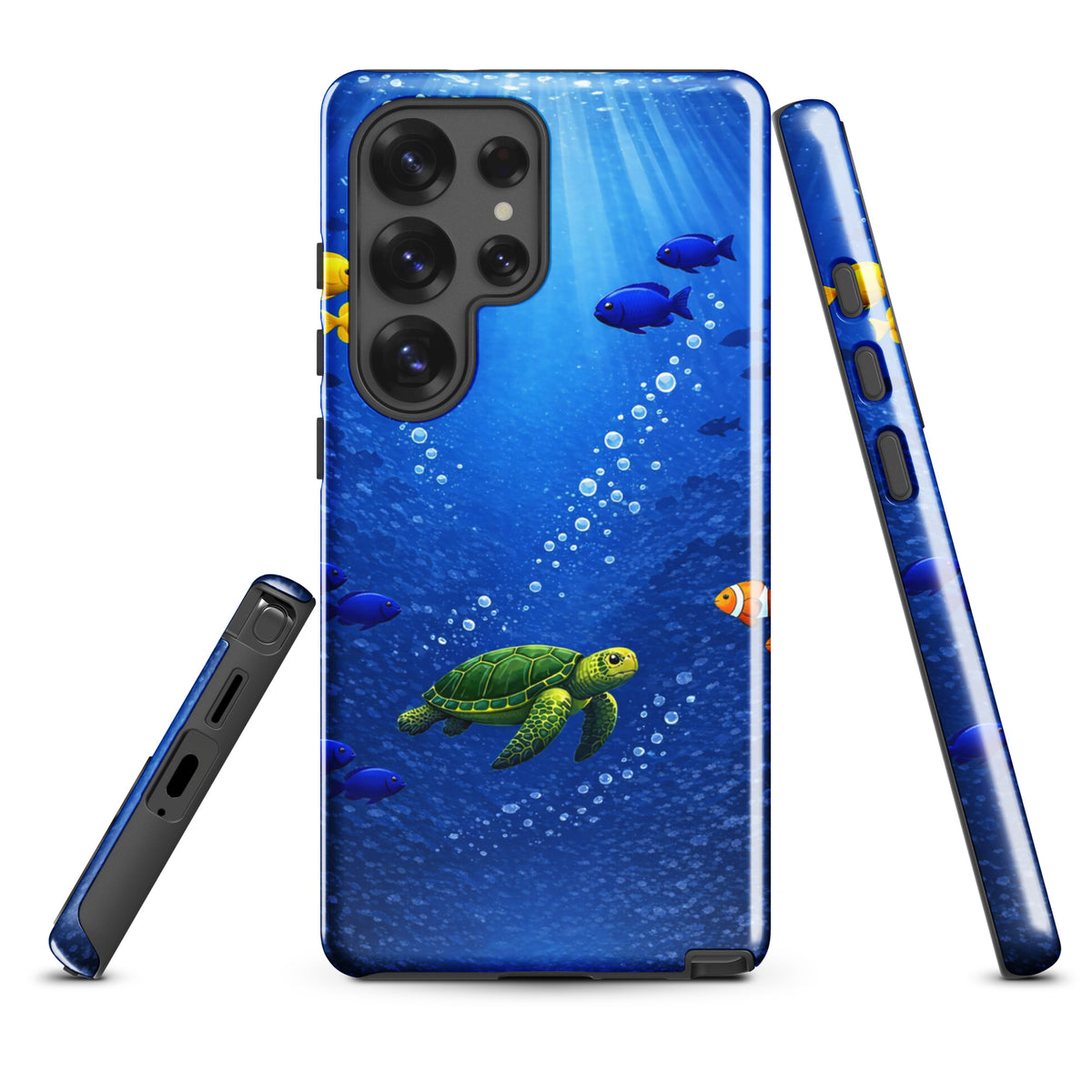 Phone Case for Samsung Galaxy featuring sea turtle reef design with vibrant ocean life in deep blue background.