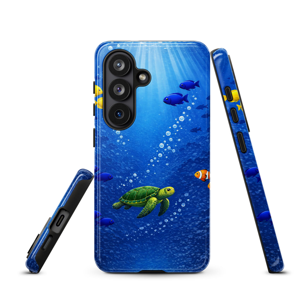 Phone Case for Samsung Galaxy with sea turtle reef design, featuring bright tropical fish swimming in deep blue ocean scene.
