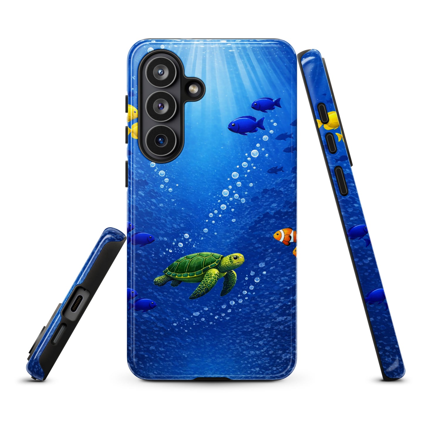 Phone Case for Samsung Galaxy with sea turtle and tropical fish design in deep blue ocean theme.