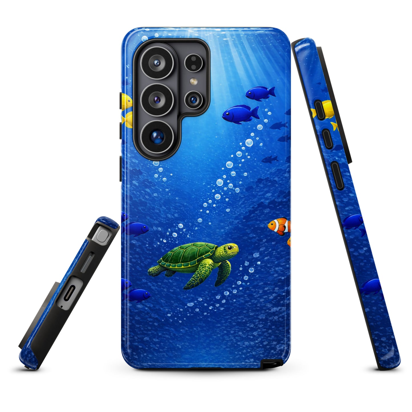 Phone Case for Samsung Galaxy with sea turtle and tropical fish design in deep blue ocean theme.