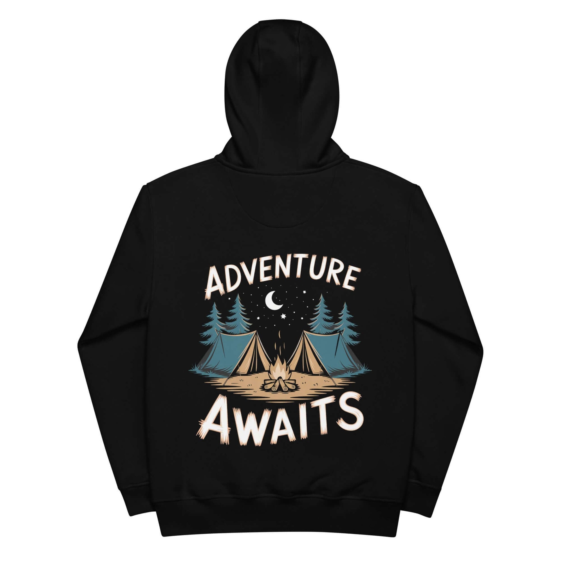 Adult Premium Eco Hoodie Camping Edition featuring 'Adventure Awaits' design with trees and tents.
