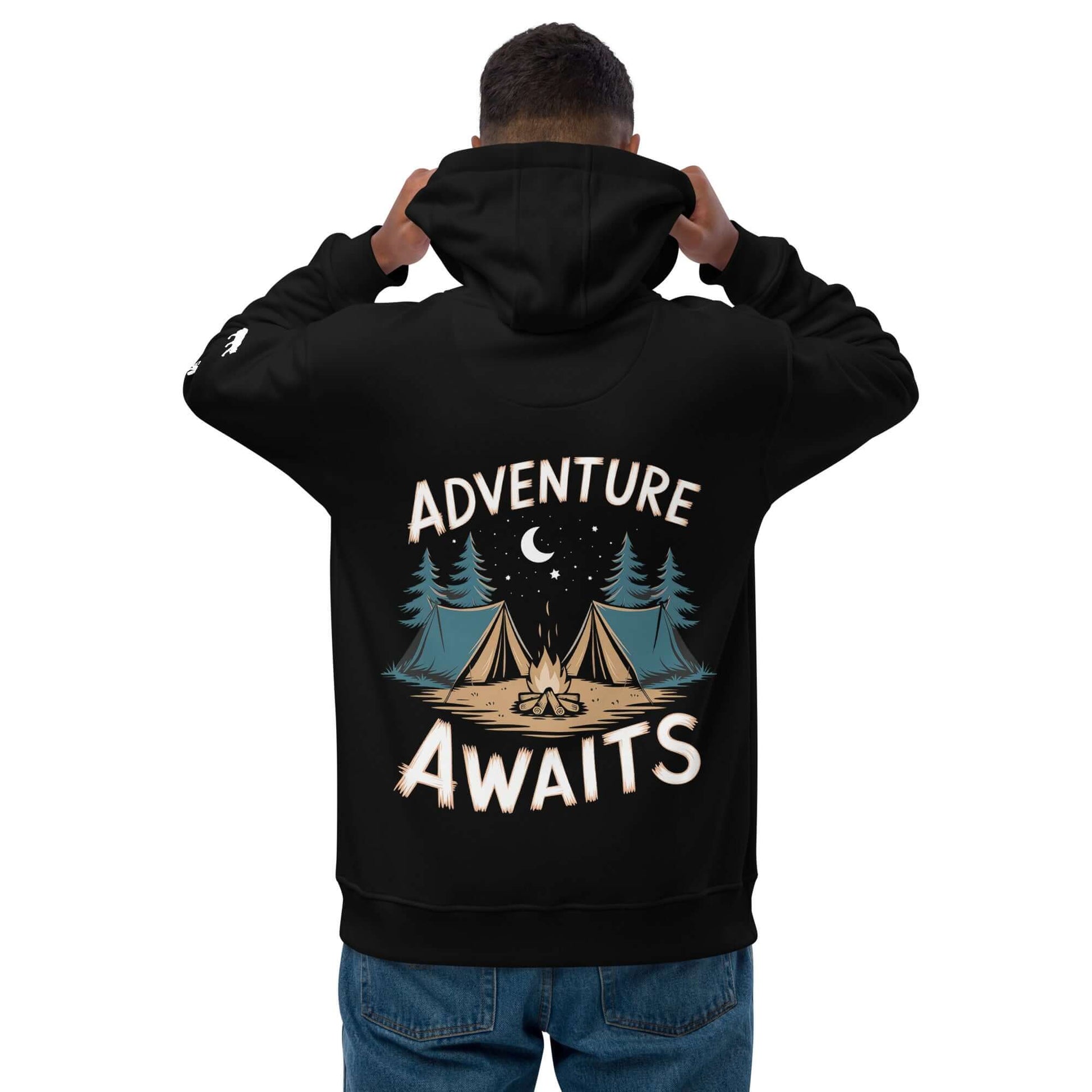 Adult Premium Eco Hoodie – Camping Edition with 'Adventure Awaits' graphic design, perfect for eco-friendly outdoor enthusiasts.