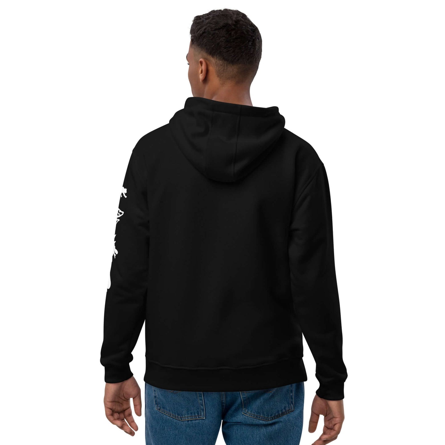 Back view of an adult wearing the Premium Eco Hoodie – Camping Edition, showcasing a sustainable and stylish design.