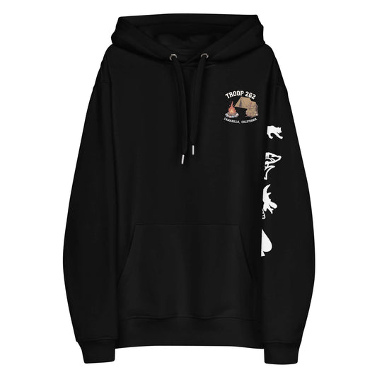 Adult Premium Eco Hoodie – Camping Edition in black with Troop 262 logo and animal designs.