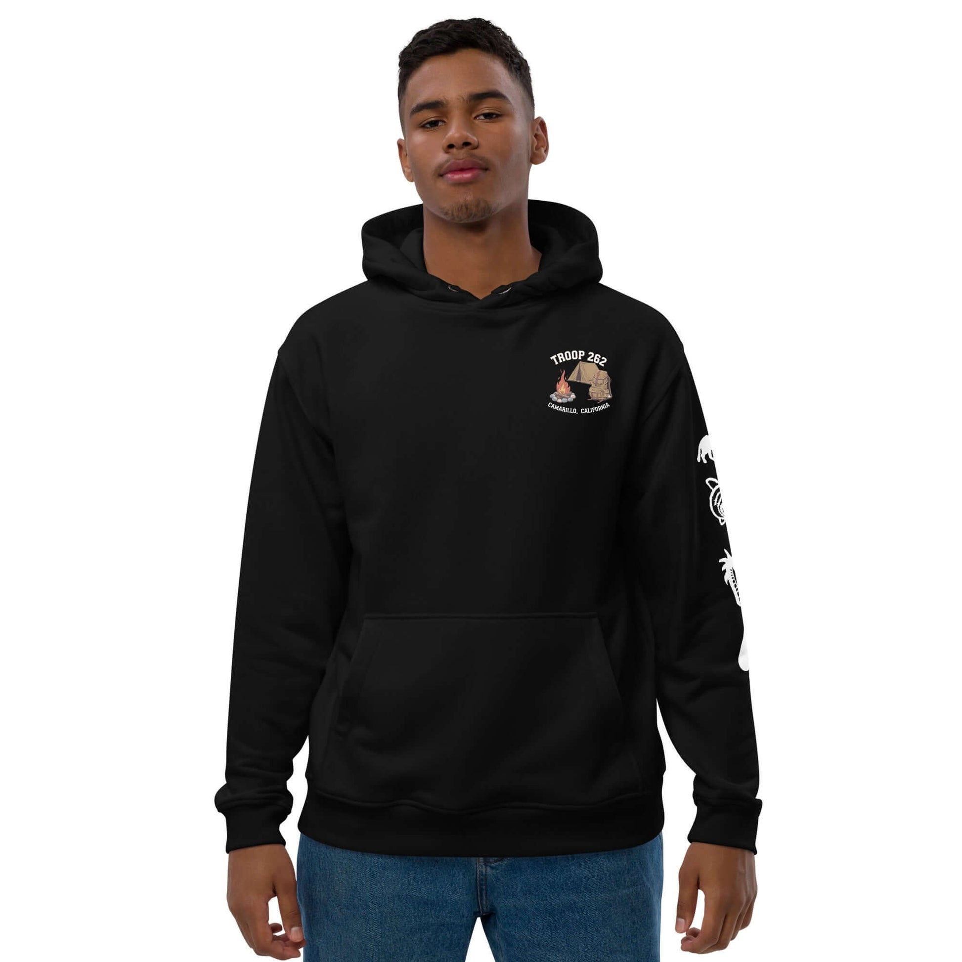 Model wearing black Adult Premium Eco Hoodie – Camping Edition highlighting eco-friendly design.