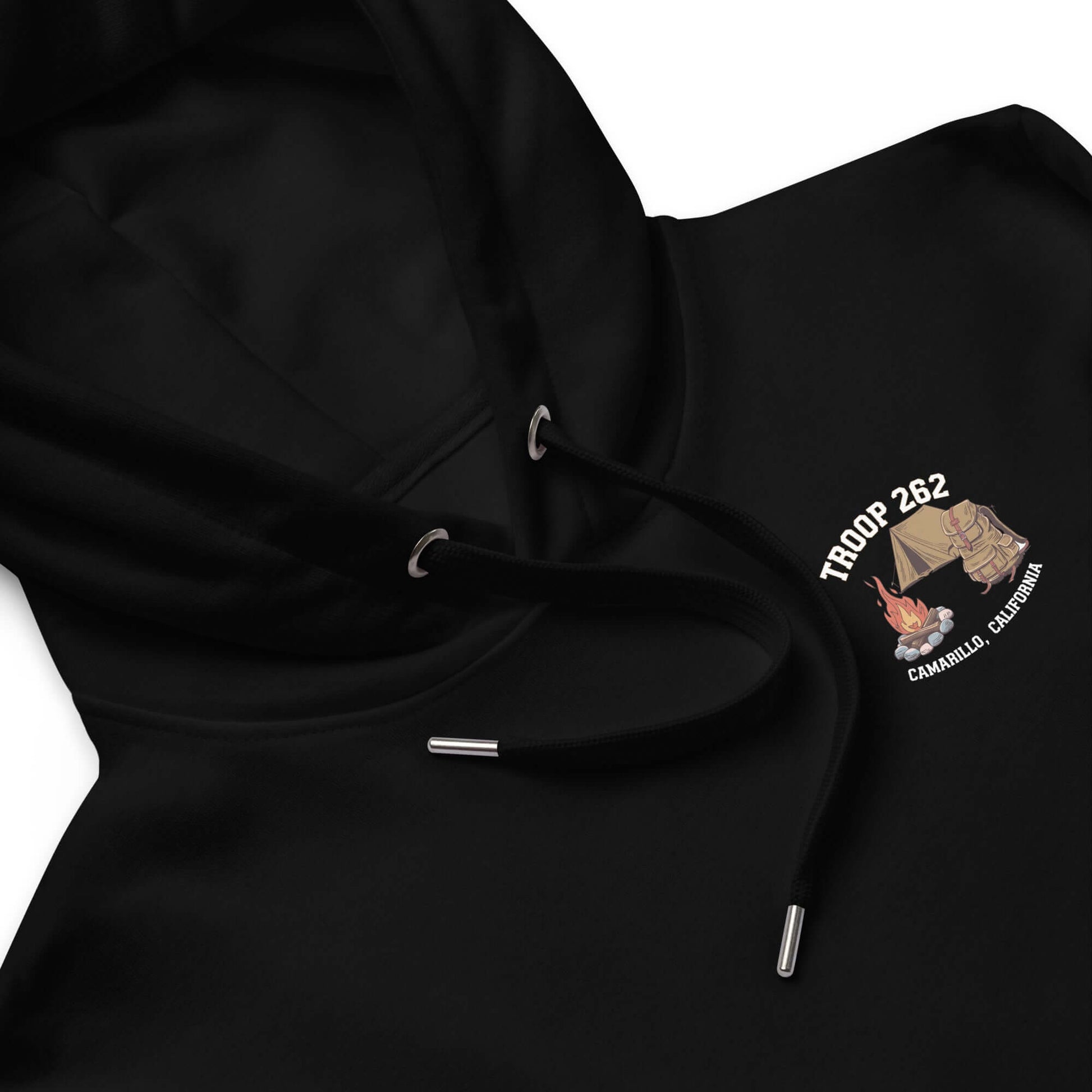 Black adult hoodie with 'TROOP 262' logo, featuring camping design, perfect for eco-friendly outdoor enthusiasts.