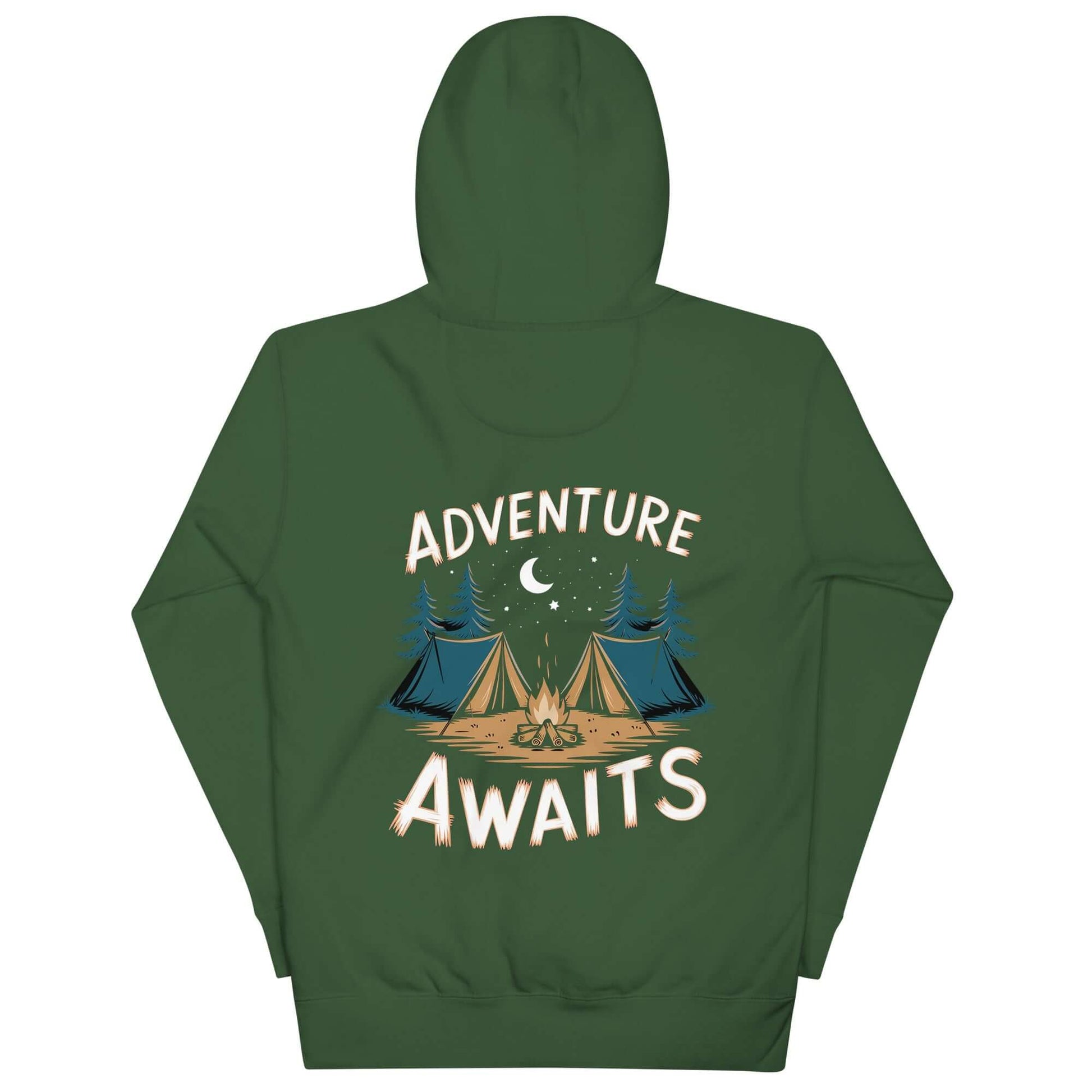 Adult unisex hoodie featuring 'Adventure Awaits' design with camping tents and trees, perfect for outdoor enthusiasts.