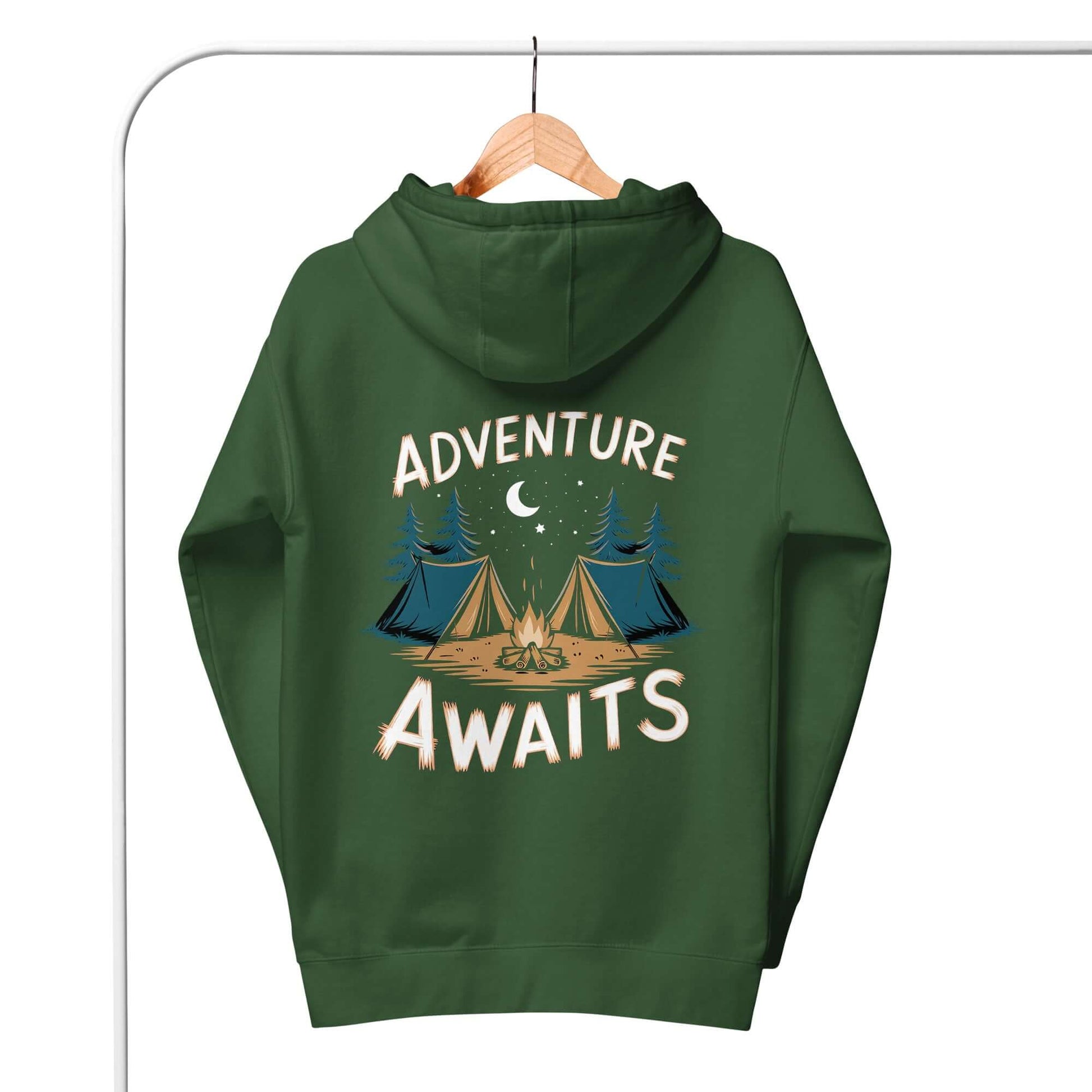 Adult unisex hoodie with 'Adventure Awaits' design, featuring camping tents and trees, perfect for outdoor enthusiasts.